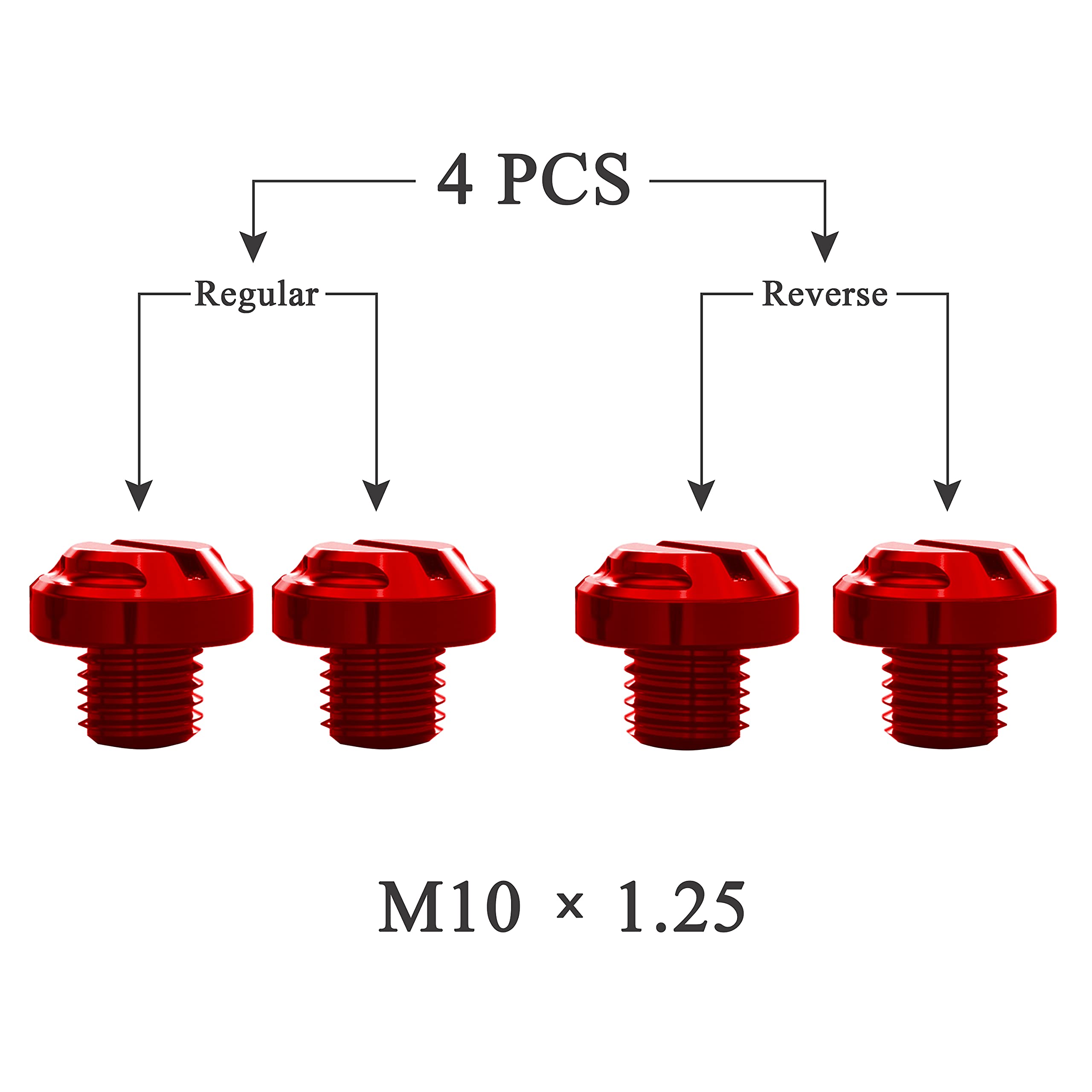 Averzella 4Pcs Motorcycle Red Mirror Hole Plugs 2 Regular+2 Reverse M10X1.25 (Red, M10>2 Regular + 2 Reverse)