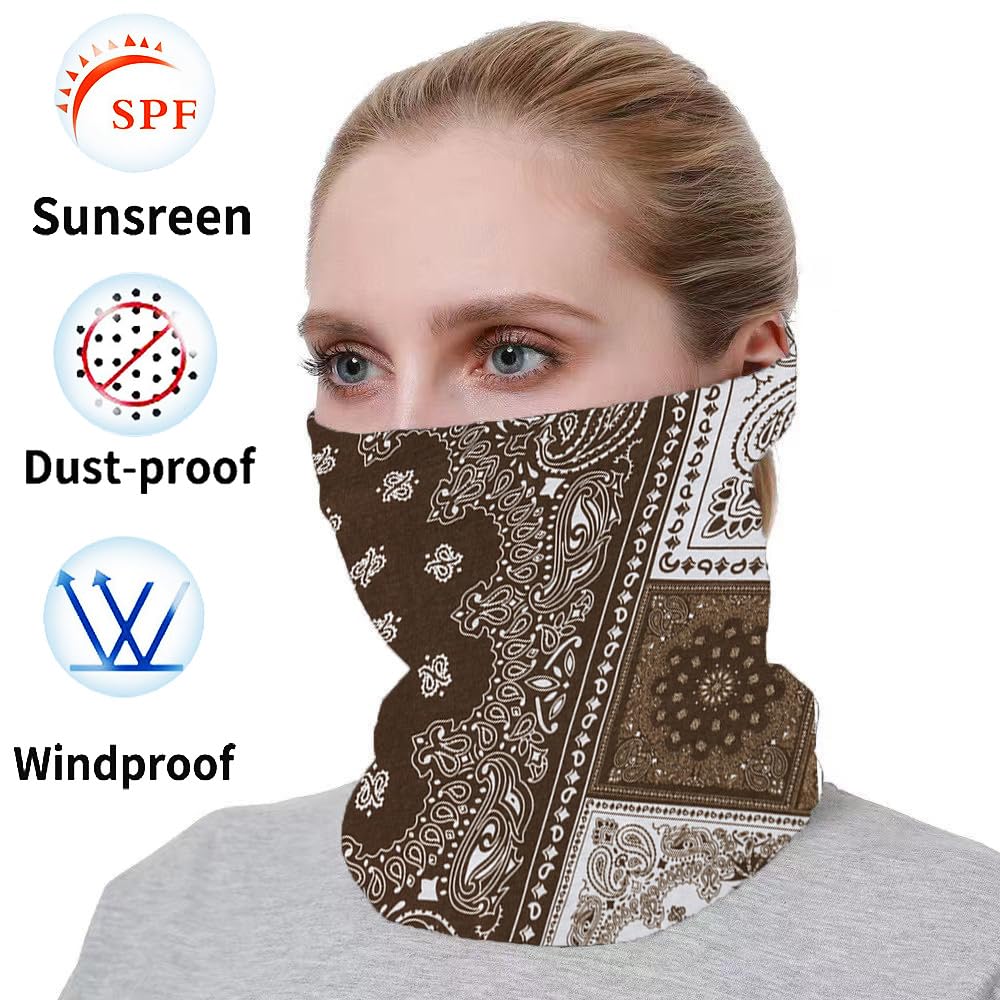 Neck Gaiter Mask Face Scarf Bandana Tube Cover Headwear Balaclava Headband Headwrap for Men and Women (6-Brown)