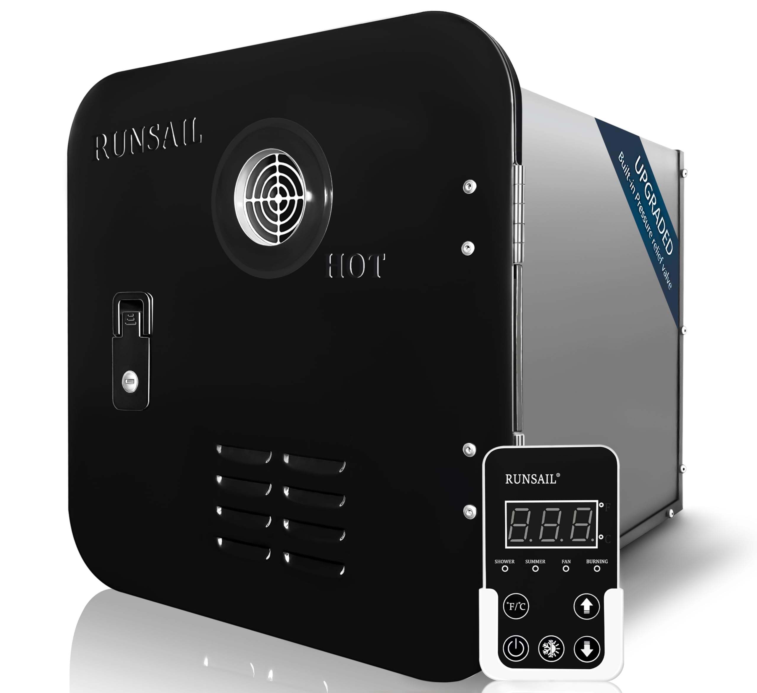 RUNSAIL RV Water Heater 65,000 BTU,Max 3.96 GPM, 15 x 15 Inches Black Door, Build-in Pressure Relief Valve with Remote Controlle