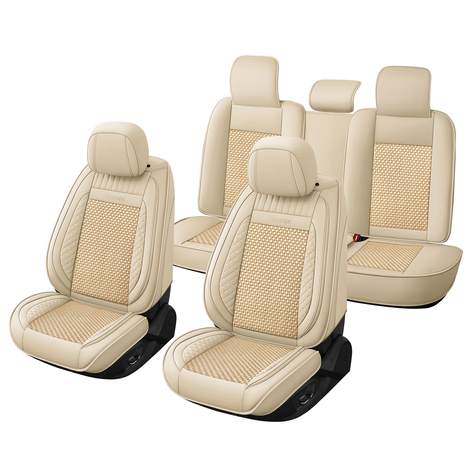 Chezope Black Beige Automotive Car Seat Covers Full Set Universal for Women Men Fit for Most Cars SUV Sedans Trucks Leather Wate