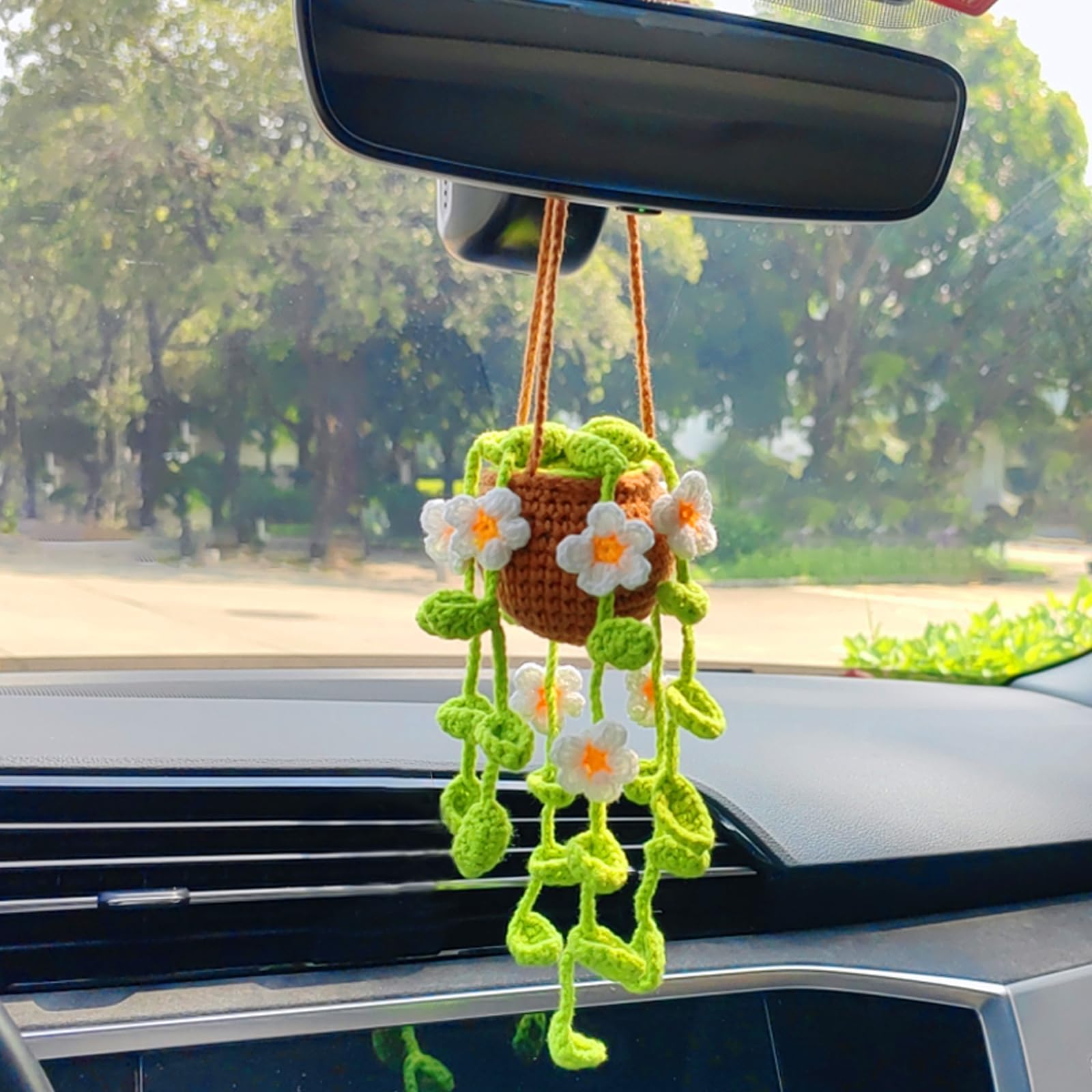 Motaney Potted Plants Crochet Rear View Mirror Accessories, Hand Crocheted (Glue Free) Safe Car Hanging Ornament, Car Mirror Han