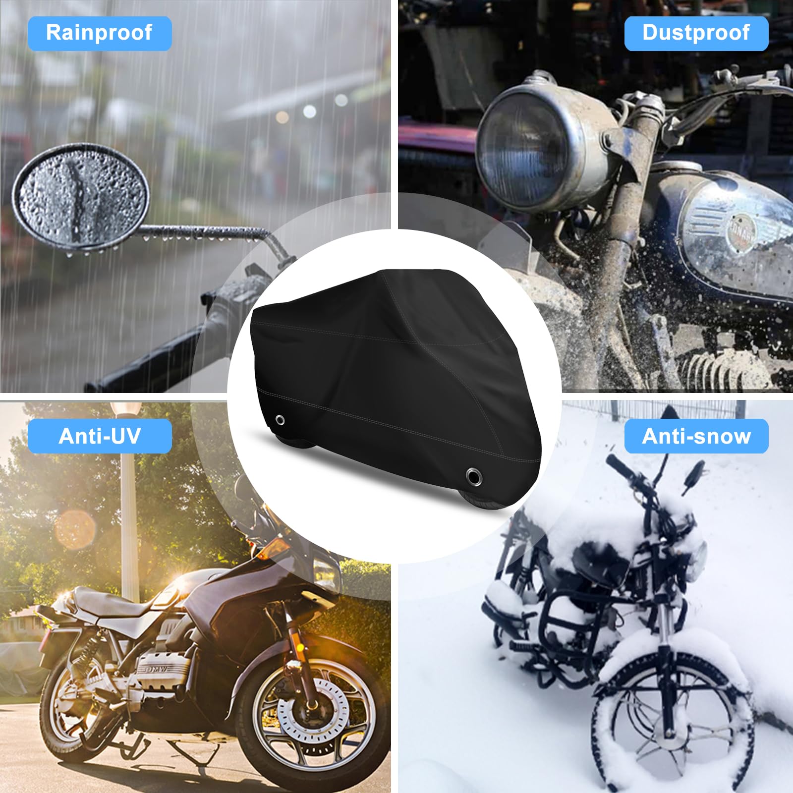 Xyzctem All Season Black Waterproof Sun Motorcycle Cover,Fits Up To 116'' Motors (Xxx Large & Lockholes)