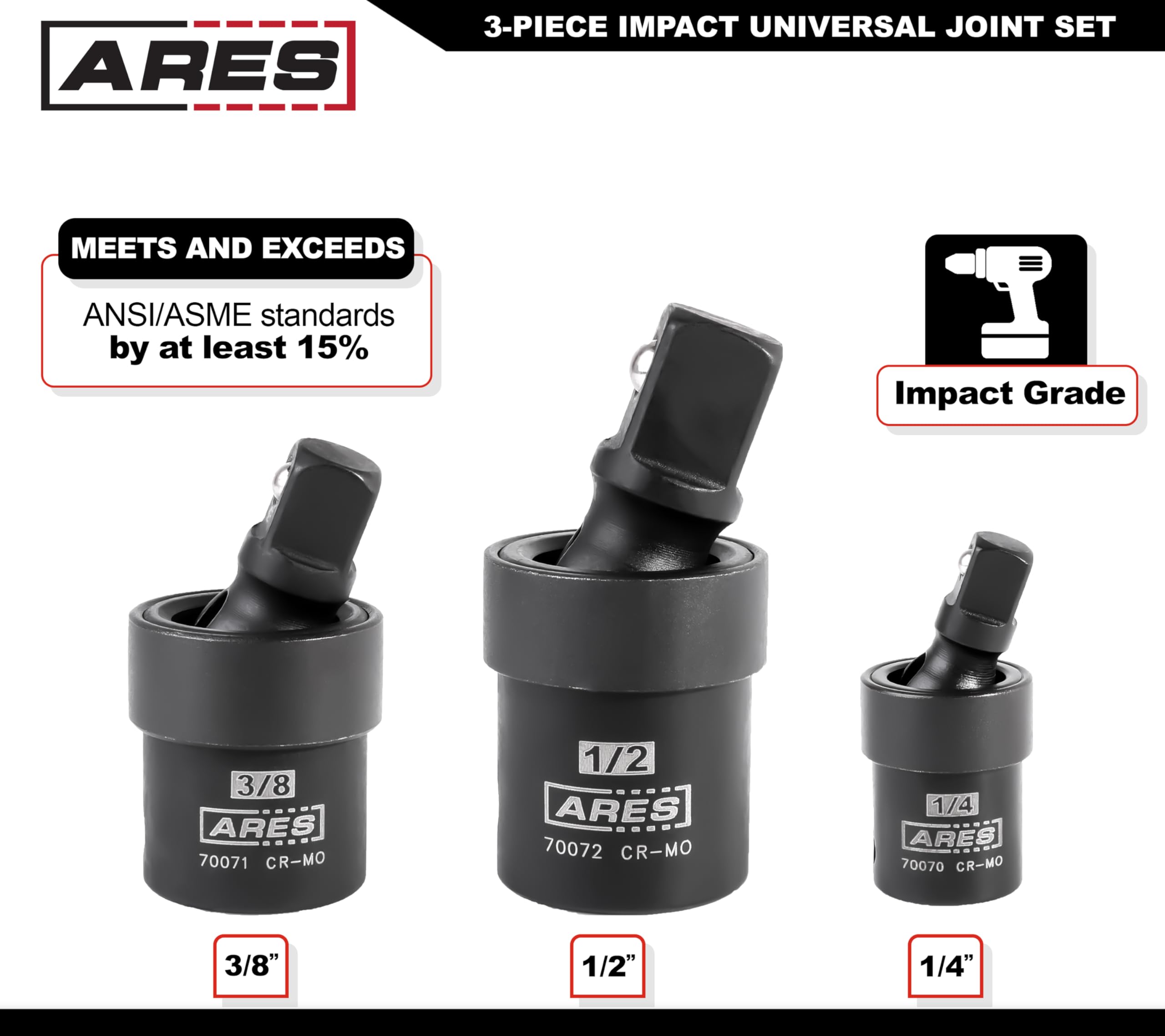 Ares 70073-3-Piece Impact Universal Joint Set - 1/4-Inch, 3/8-Inch And 1/2-Inch Drive Chrome Moly U Joint Sockets Access Hard To Reach Fasteners