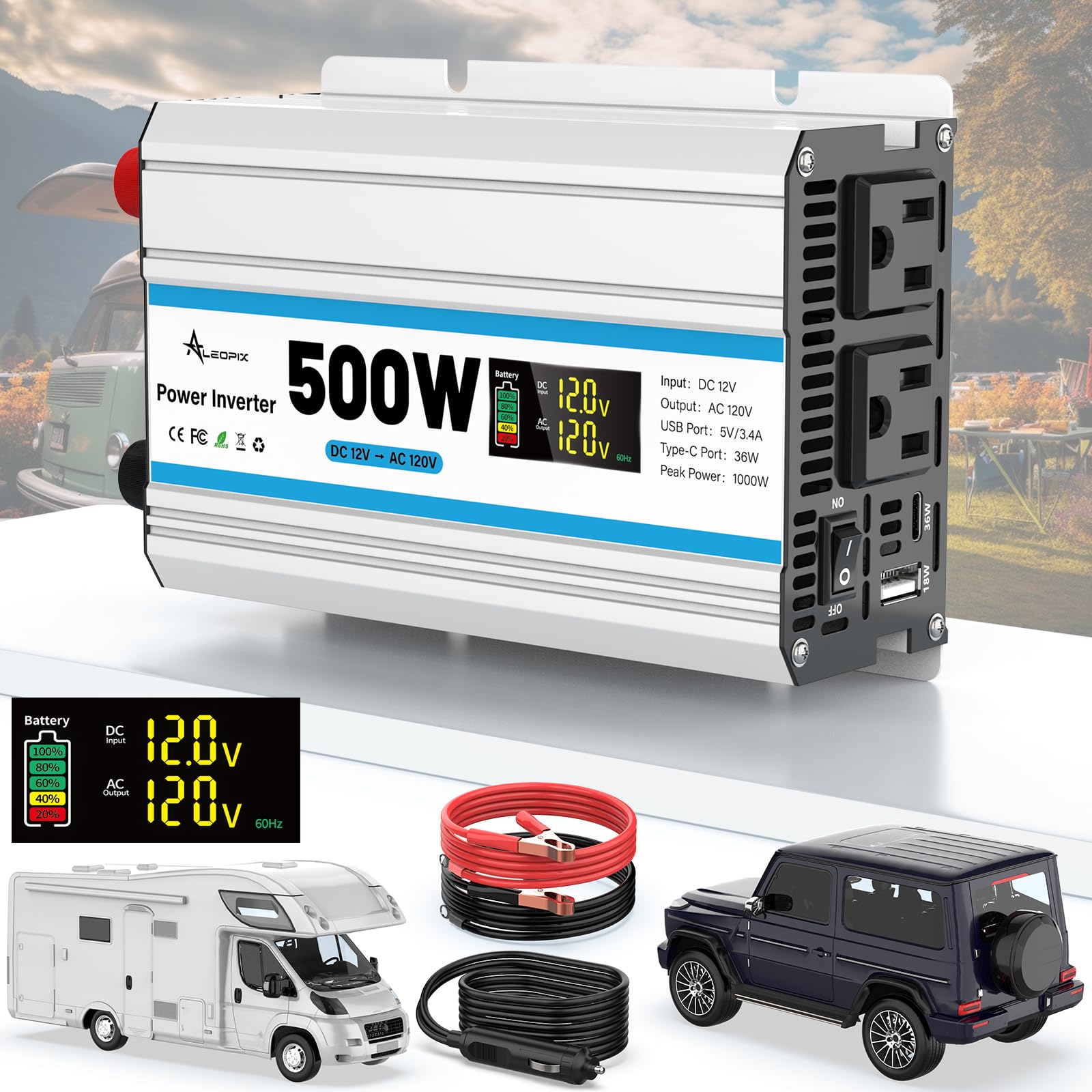 500W Car Power Inverter 12V DC to 110V AC, Car Charger Plug in Adapter Outlet with 2 AC Outlets&PD 36W USB-C&QC 18W Port, Portab