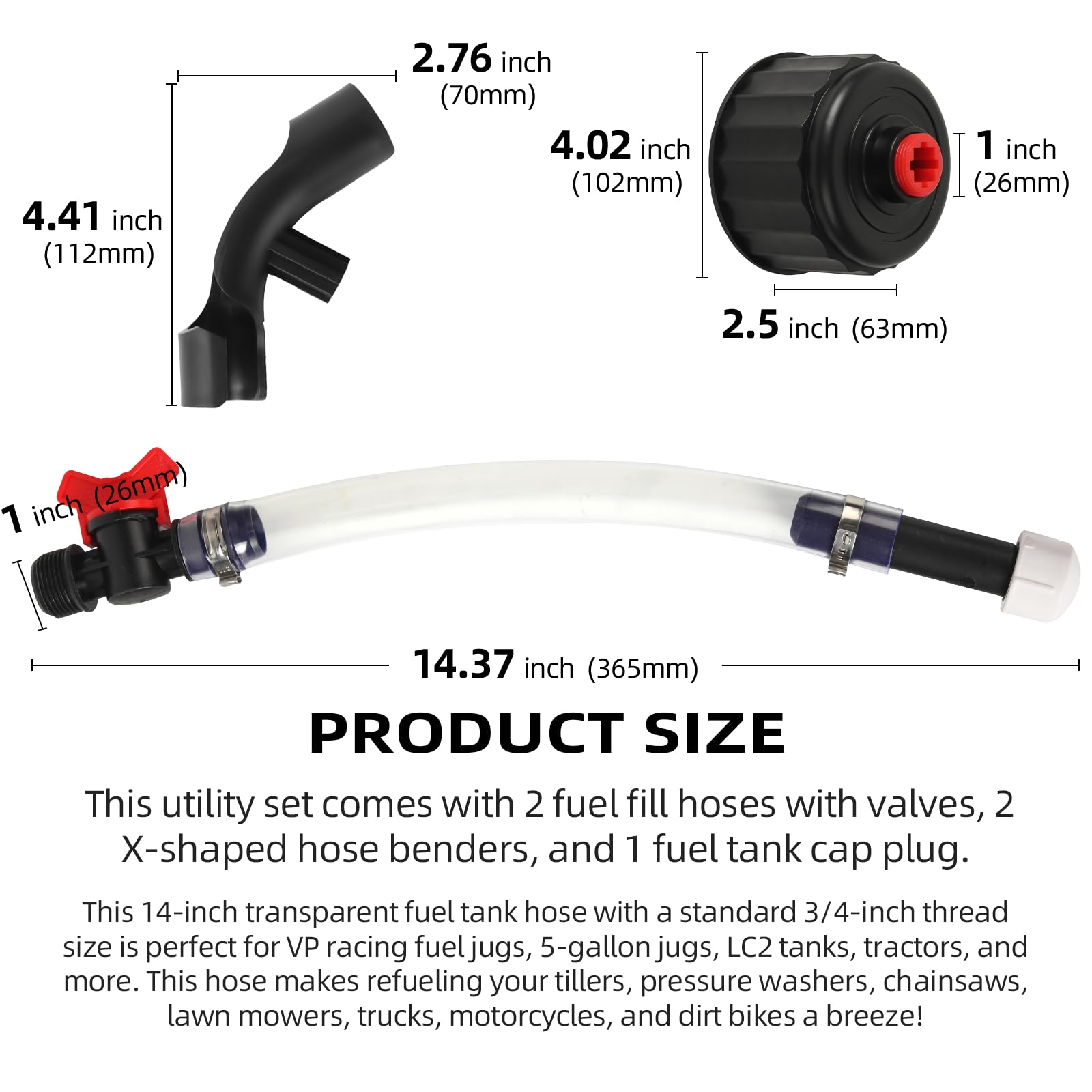 Calvana Fuel Jug Hose 3044 Replacement Kit with 2 Fuel Hoses with Valve, 2 X-Shaped Hose Benders, Tank Cap Plug, Compatible with