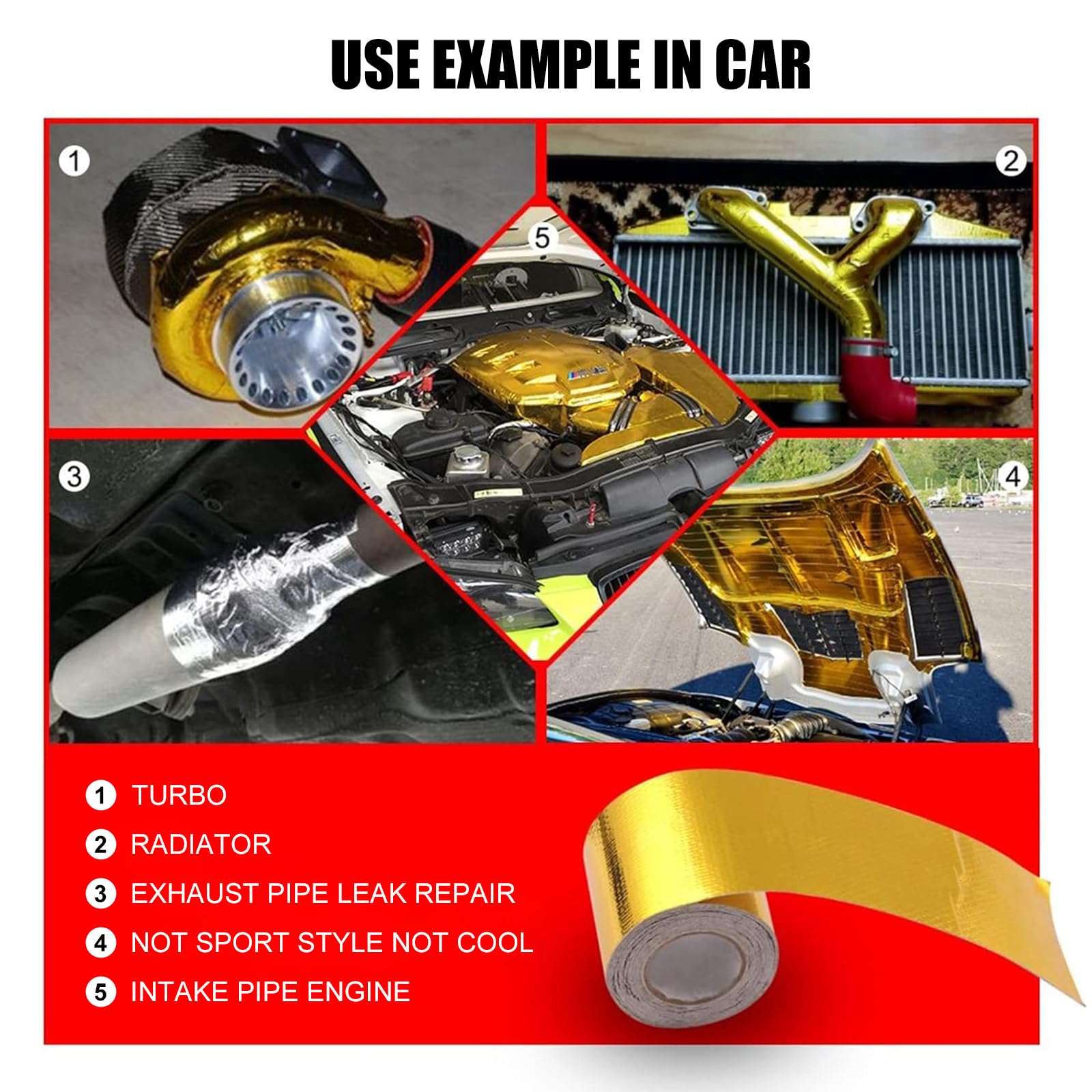 Sporacingrts 2'' X 65.6'(20M) Gold Adhesive Backed Heat Barrier Tape,Glassfiber Heat Shield Reflective Tape Wrap Roll,Compatible