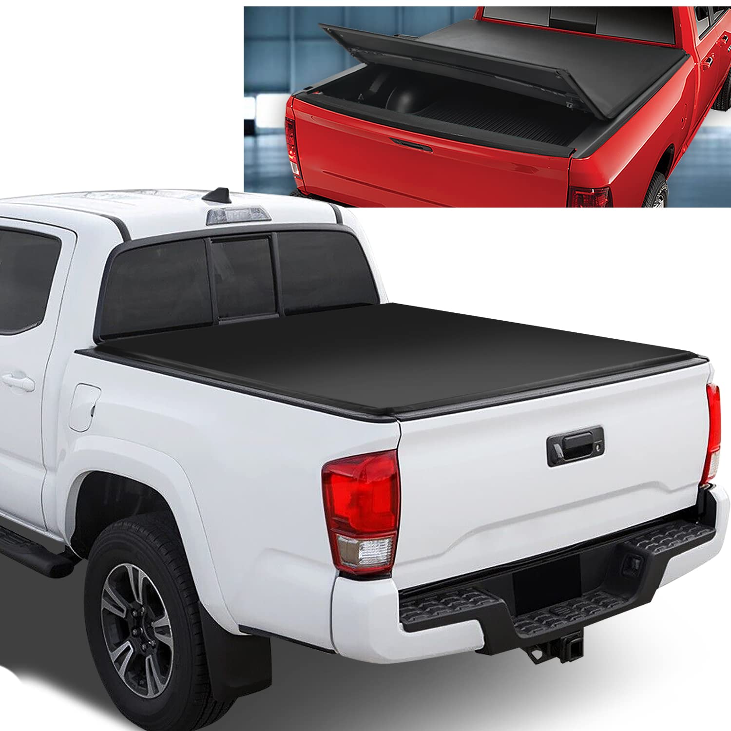Auto Dynasty Soft Tri-Fold Truck Bed Tonneau Cover Compatible With 2016-2023 Toyota Tacoma 5Ft Fleetside/Styleside Bed, Matte Bl