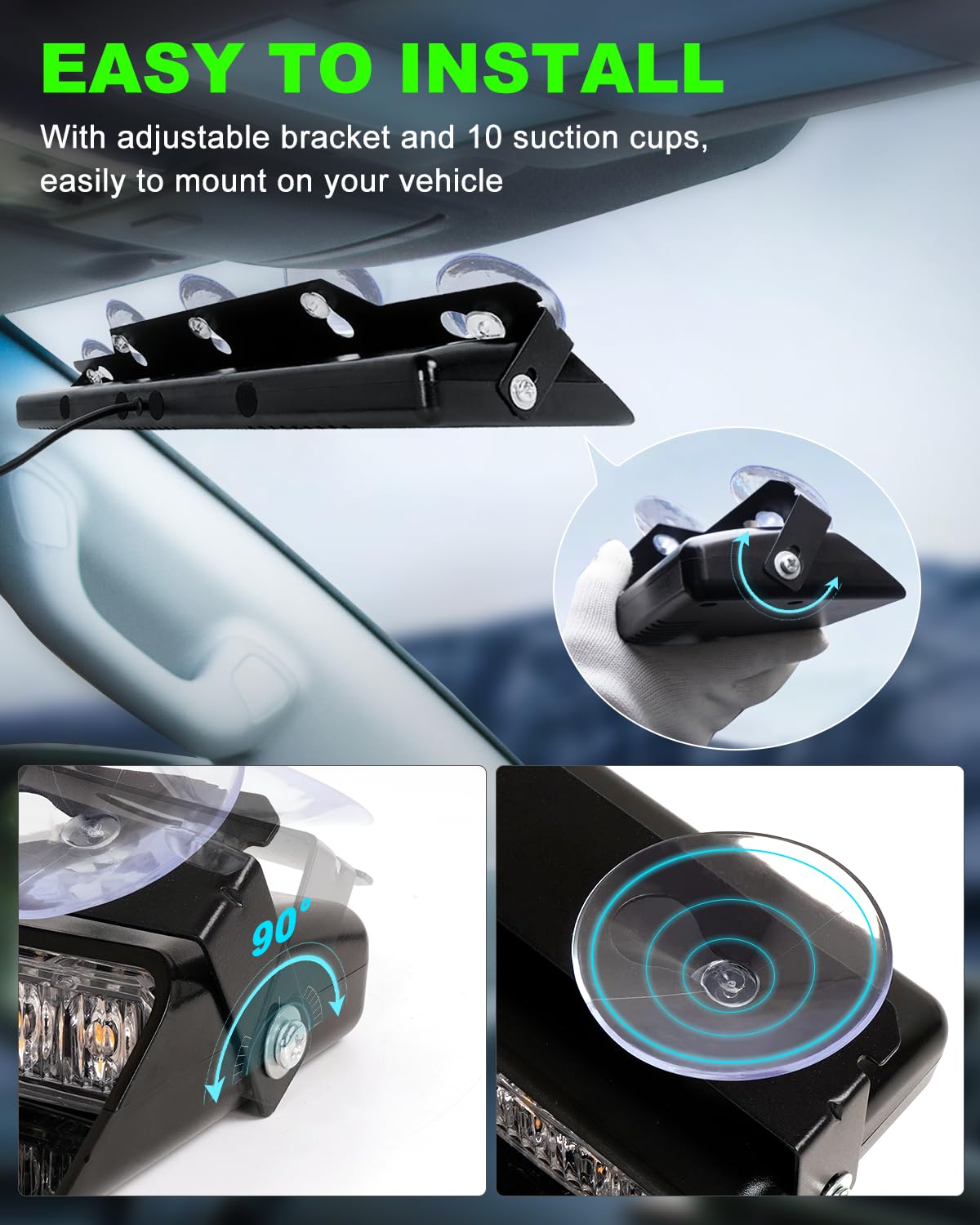 Hlauto 6Z4J Emergency Dash Strobe Lights: 2X16.8 Inch Green White Safety Lights, 48 Led Flashing Warning Hazard Interior Windshi