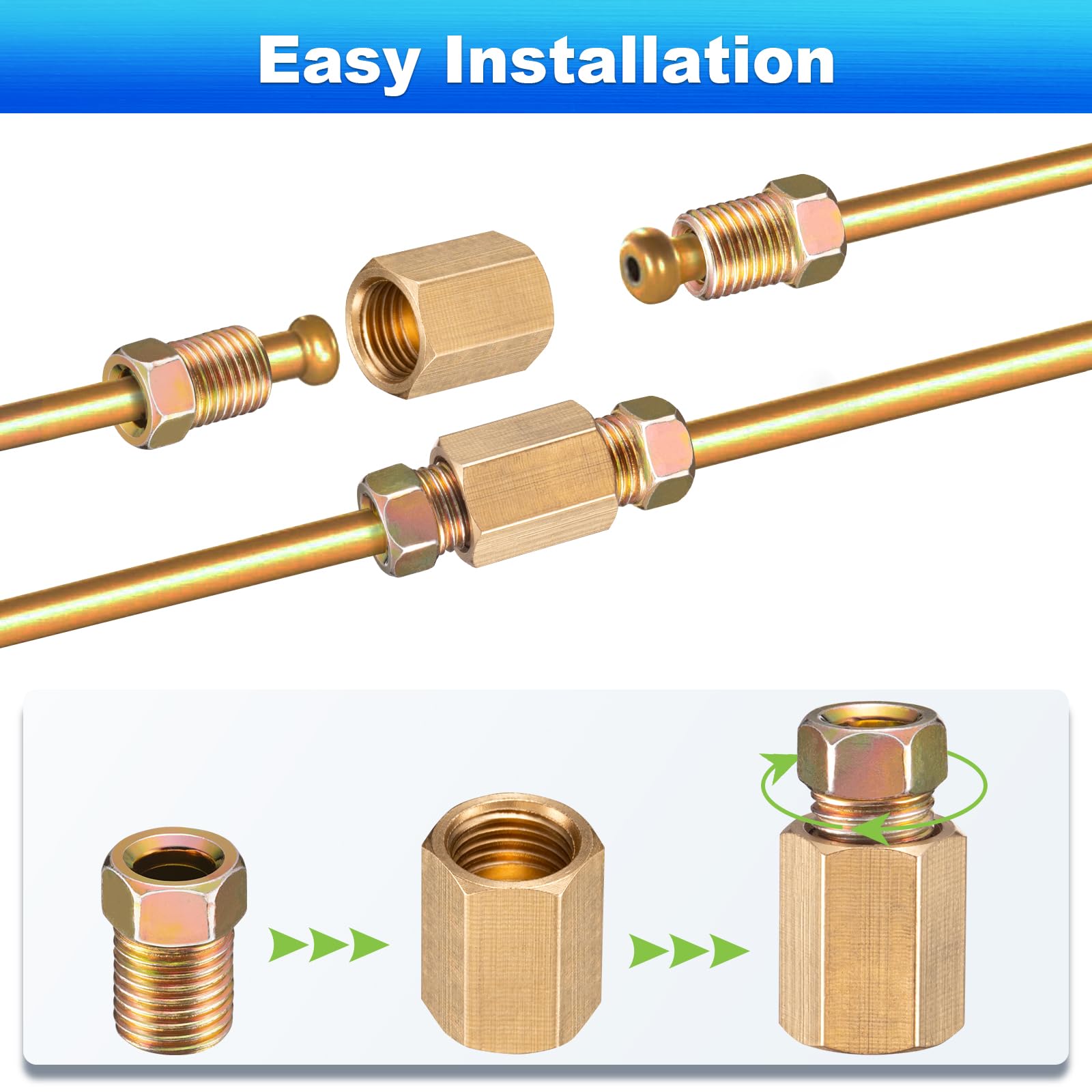 Spurtar 21Pcs 3/16 Brake Line Fittings 3/8 Inch-24 Threads, Brake Line Pressure Fittings for 3/16 Inch Brake Line, Brass Brake L