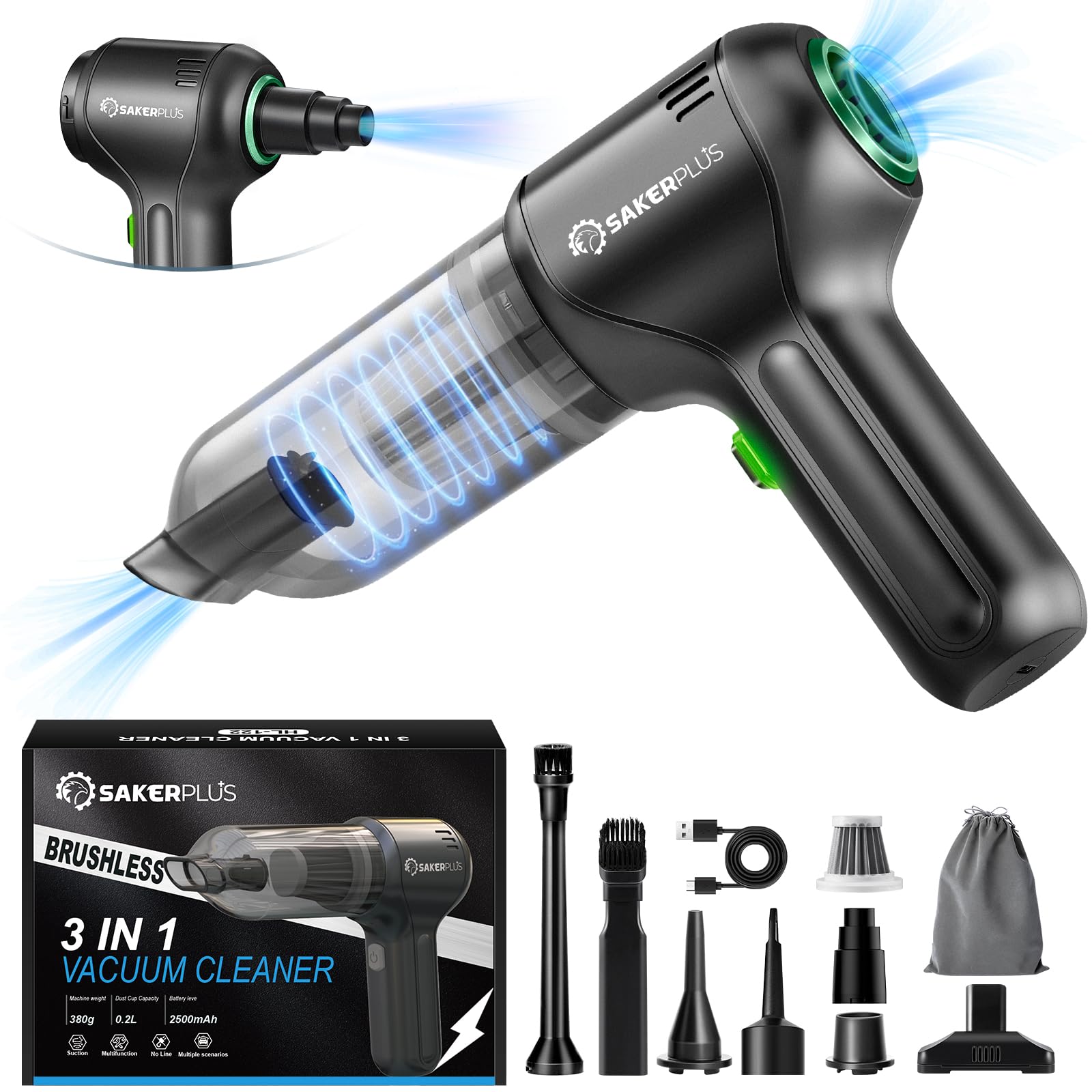 SakerPlus Car Vacuum Cleaner-Wireless Handheld Car Vacuums with Best Suction,Brushless Motor 12000PA High Power,3 in 1 Mini Port