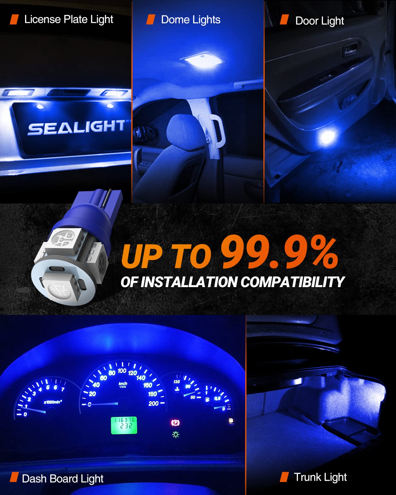 Sealight 194 Led Bulbs, 168 W5W 2825 Led Bulb 6000K Brilliant Blue Super Bright Replacement For Dash Board Light, License Plate