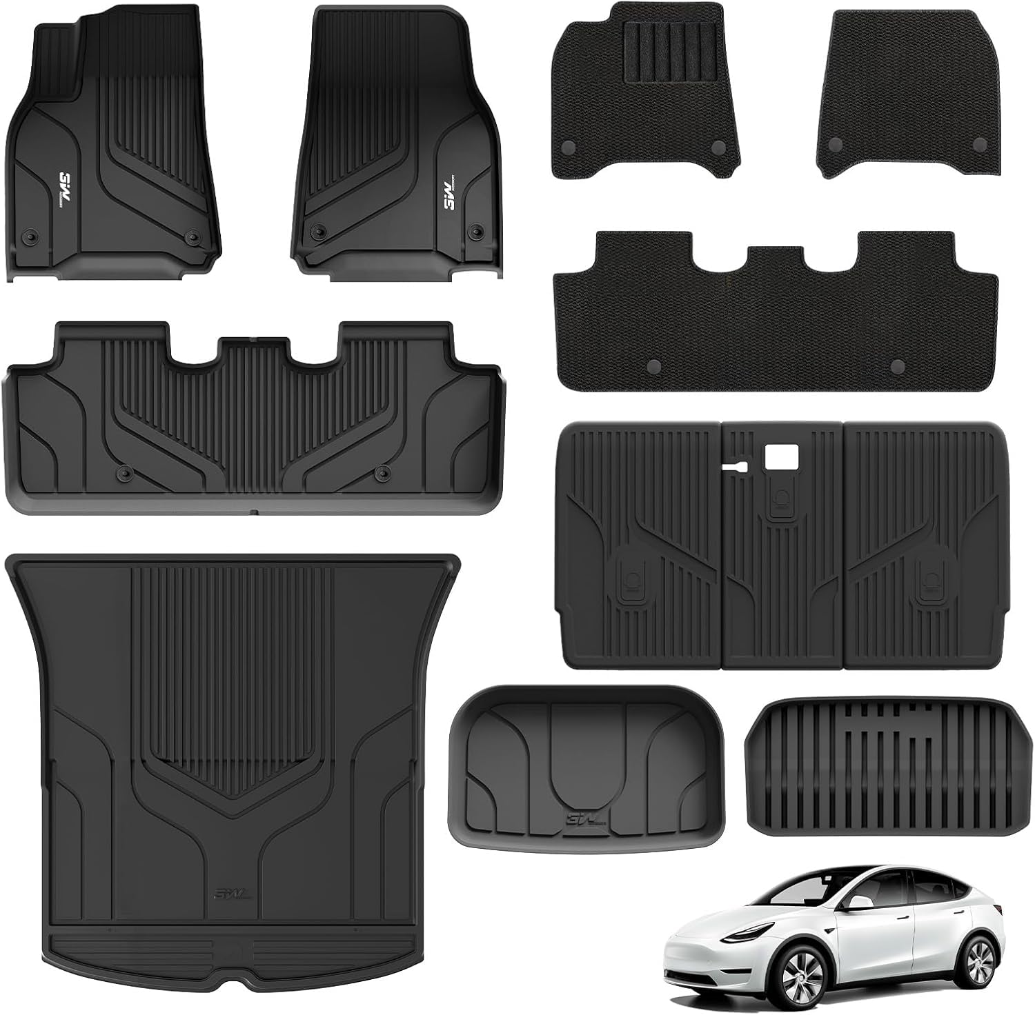 3W Floor Mats With Front Carpet On Top Fit For Tesla Model Y 2020-2024 All-Weather Tpe Full Set Floor Liners And Cargo Liner Mat