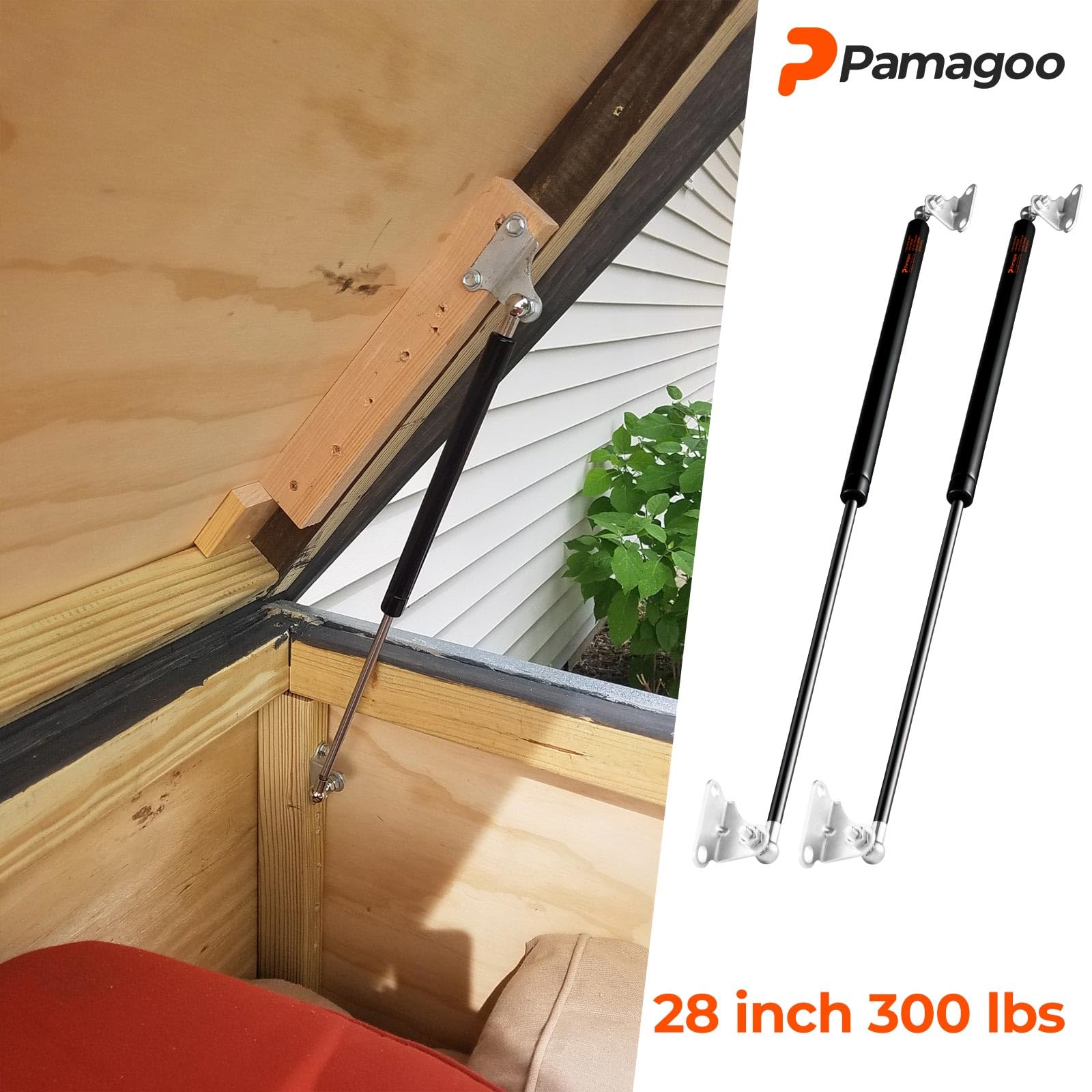 Pamagoo 28 Inch Gas Strut 300 Lbs Per Prop, 28'' Gas Shock Spring With Mounts Brackets Strut For Heavy Bench Lid Basement Floor