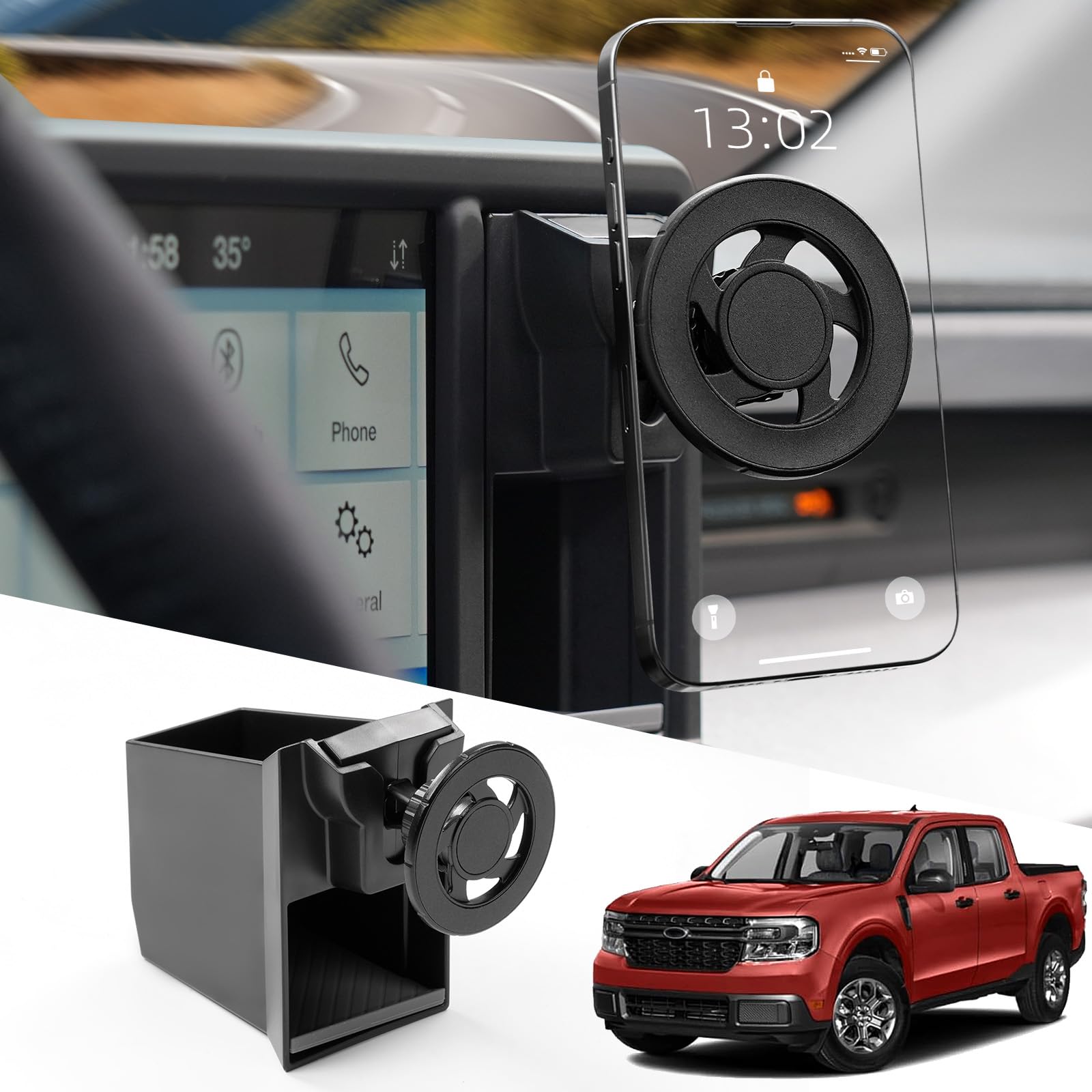 Mabett Magnetic Phone Holder Cubby Insert For Ford Maverick 2022-2024 Accessories, Dash Mount Storage Box Kit (Phone Holder)