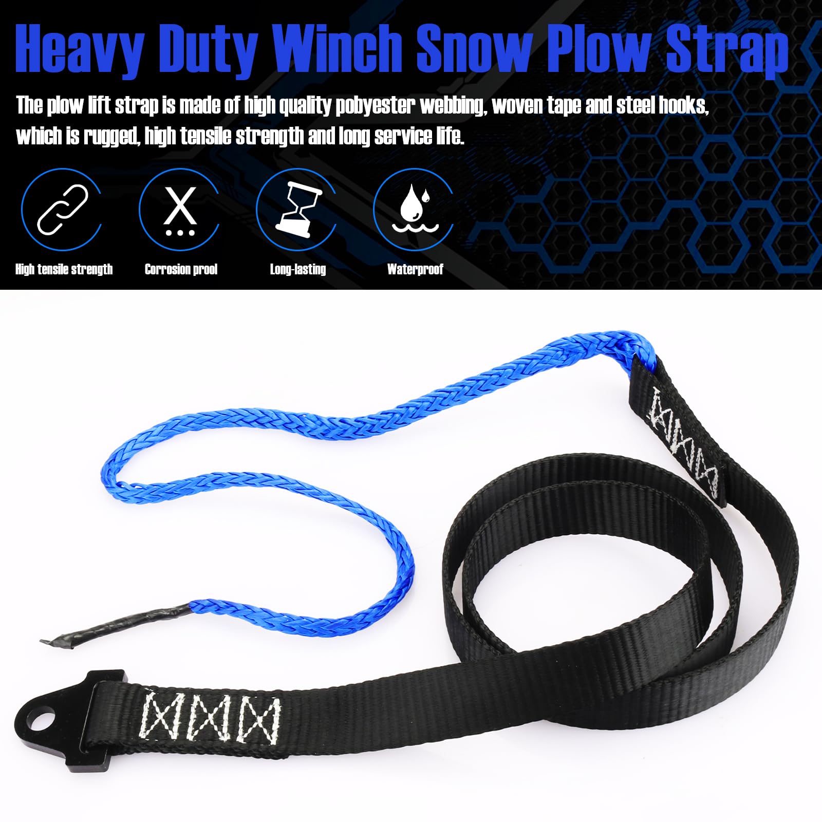 Alocs Plow Strap for ATV UTV Winch, 64 Inch Heavy Duty Alloy Steel, Blue, Model 1, Snow Plow Lift Strap for Standard/Wide Winches