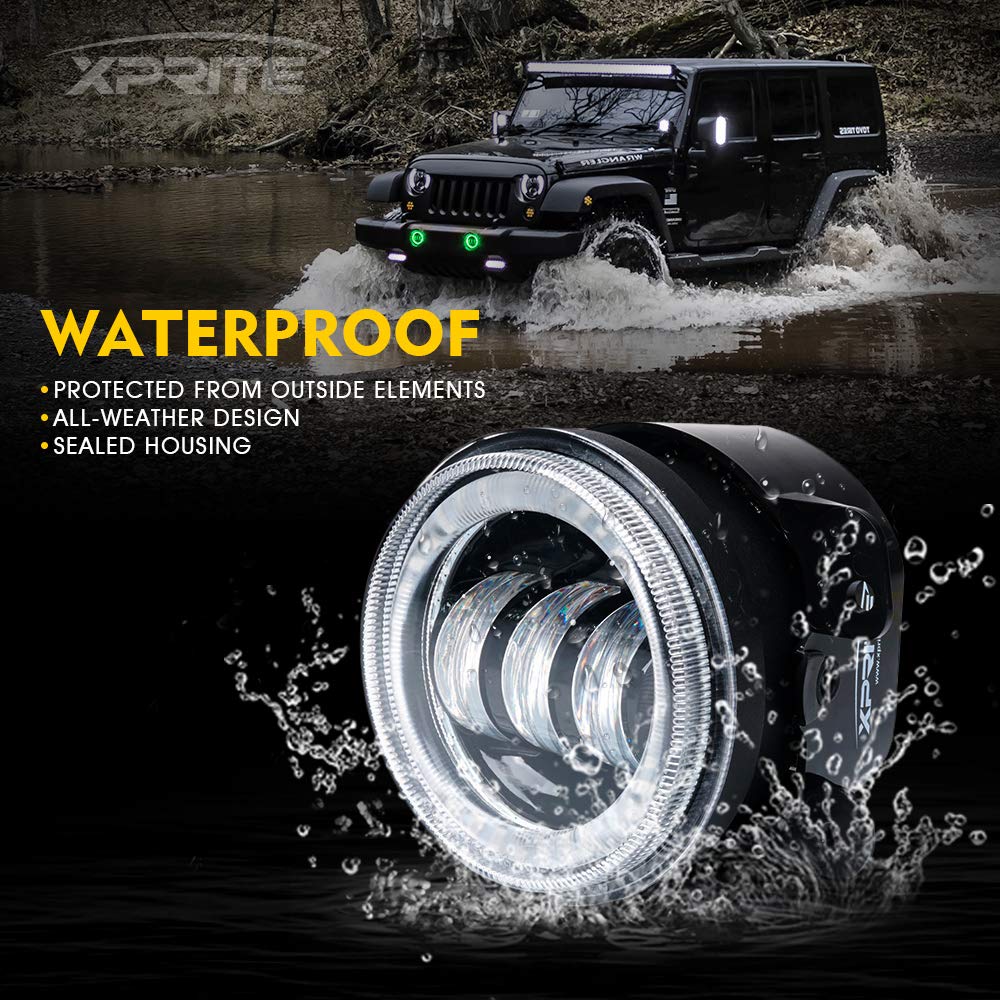 Xprite Fog Lights W/Green Halo Ring Angle Eye Drl, 4 Inch Foglights Compatible With 07-18 Jeep Wrangler Jk, 60W Led Front Bumper