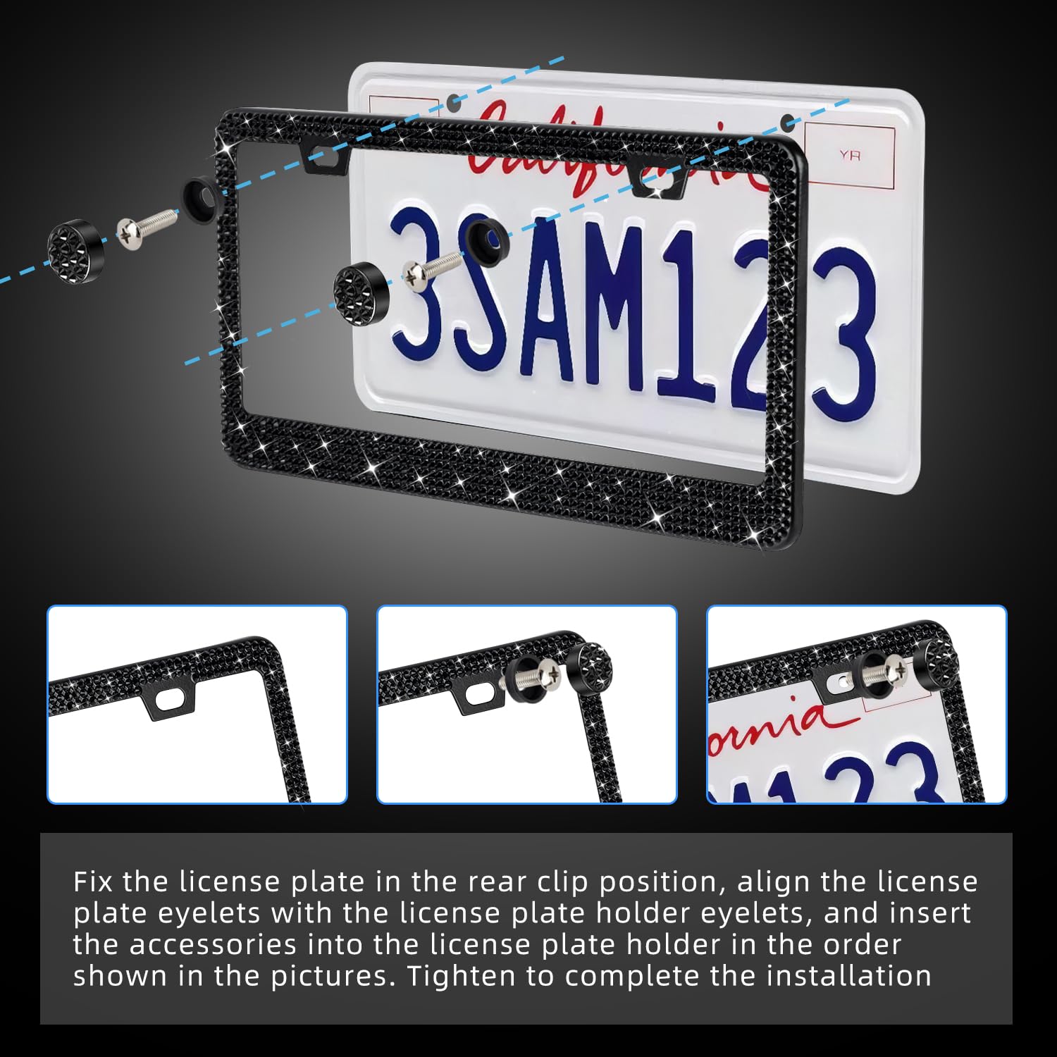 Oklpf Bling License Plate Frame For Women, 2Pcs Sparkly License Plate Frames| Over 1200 Pcs14 Facets Bedazzled Clear Glass Diamo