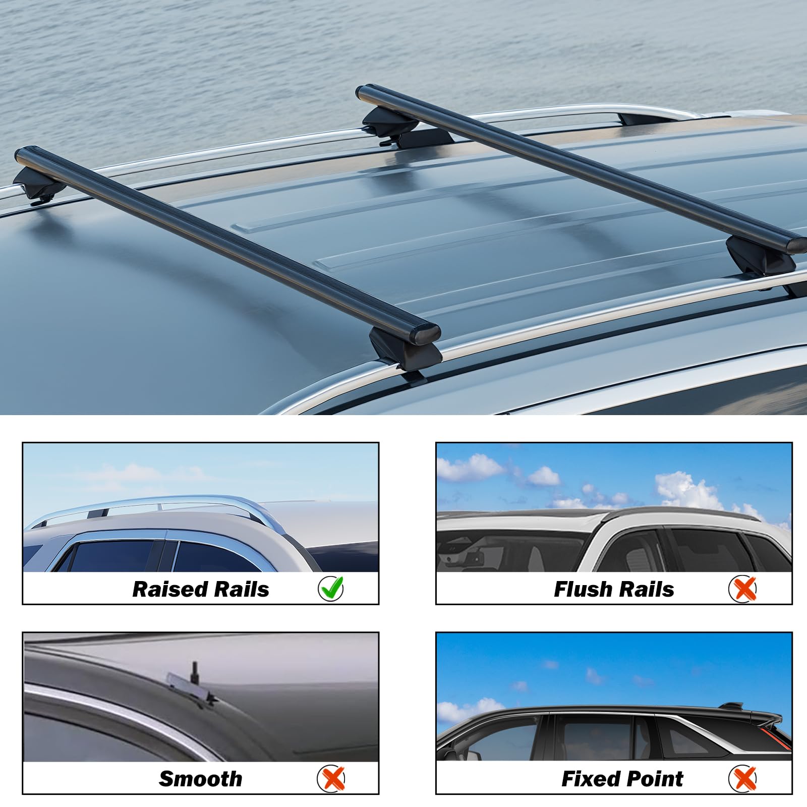 COWVIE 53 Inch Aluminum Roof Rack Cross Bars for Raised Side Rails, Adjustable Cargo Bars, Hold 165 LBS, Black