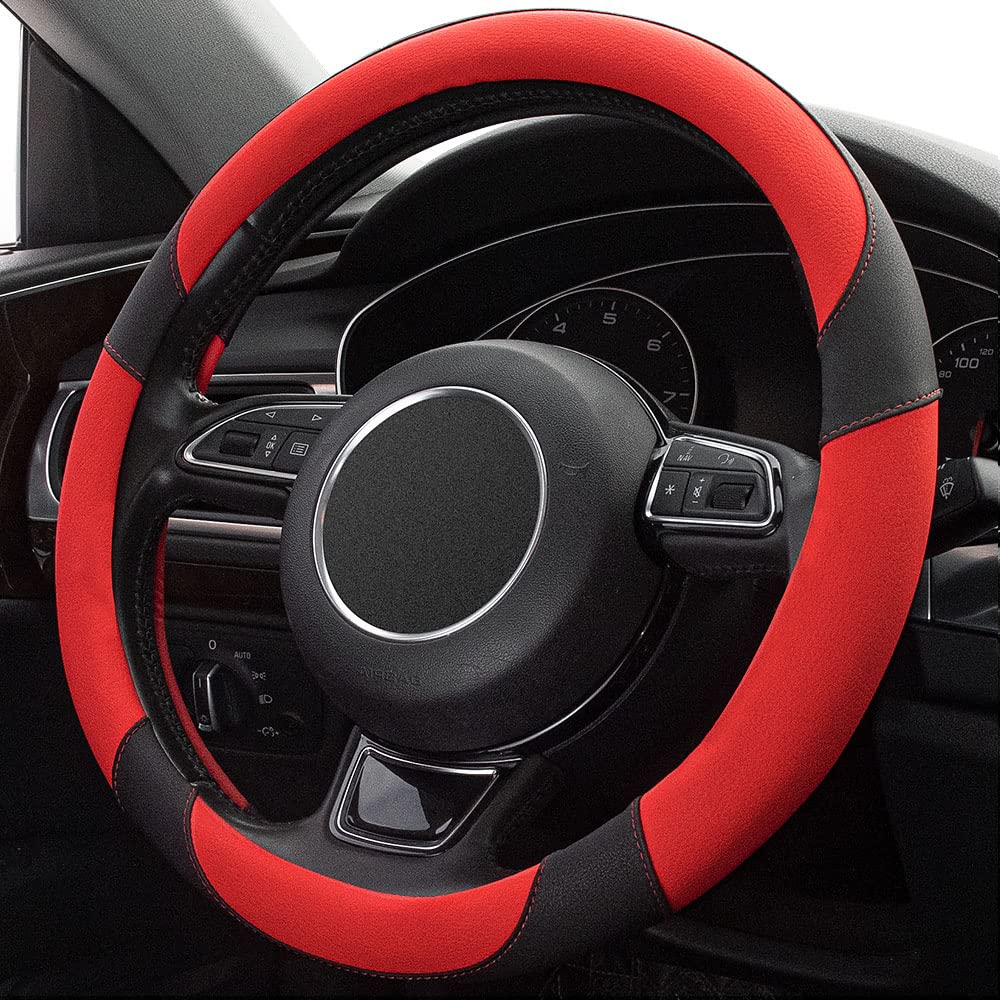 Xizopucy Red Steering Wheel Cover With Microfiber Leather For Car Truck Suv, Anti-Slip Steering Wheel Cover 15 Inchs