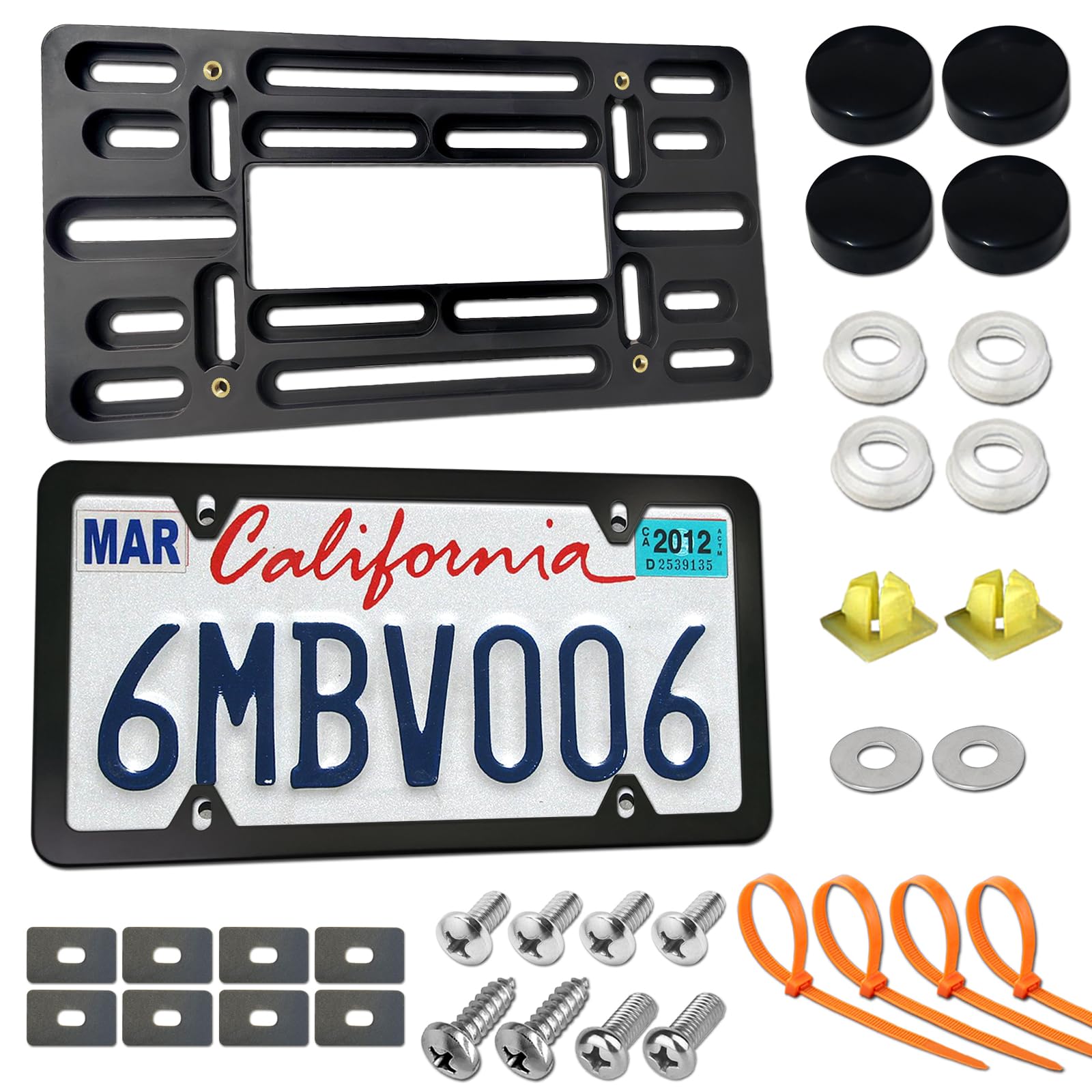 Zxfoog Front License Plate Mounting Kit- Bumper License Plate Bracket Holder & Matte Black Aluminum Tag Frame Cover, Universal 2 Drill Hole Adapter For Car/Truck/Trailer