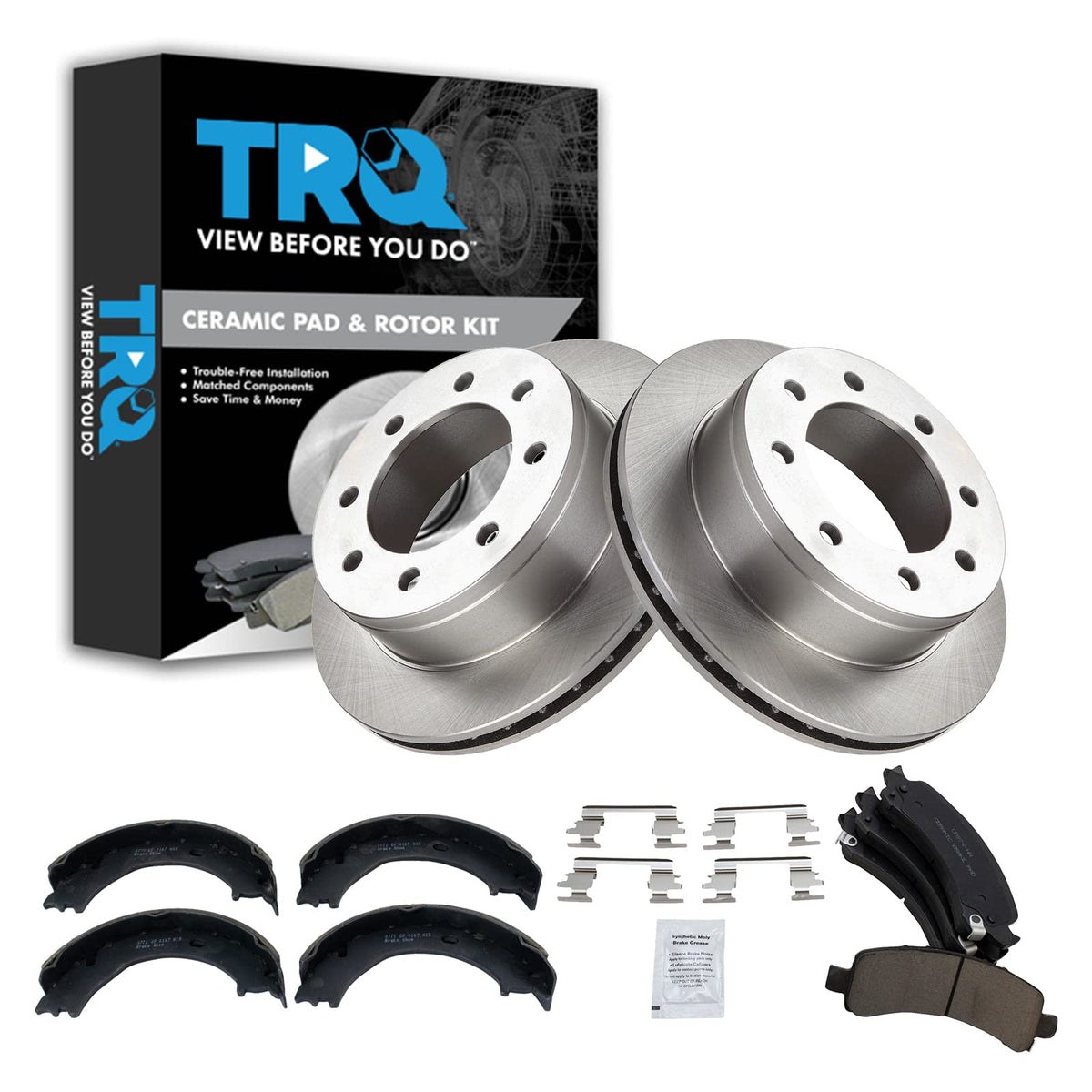 Trq Rear Brake Pad & Rotor Kit Brake Pads Brake Rotor Parking Brake Shoe Set Ceramic Compatible With 2006-2008 Chevrolet Express