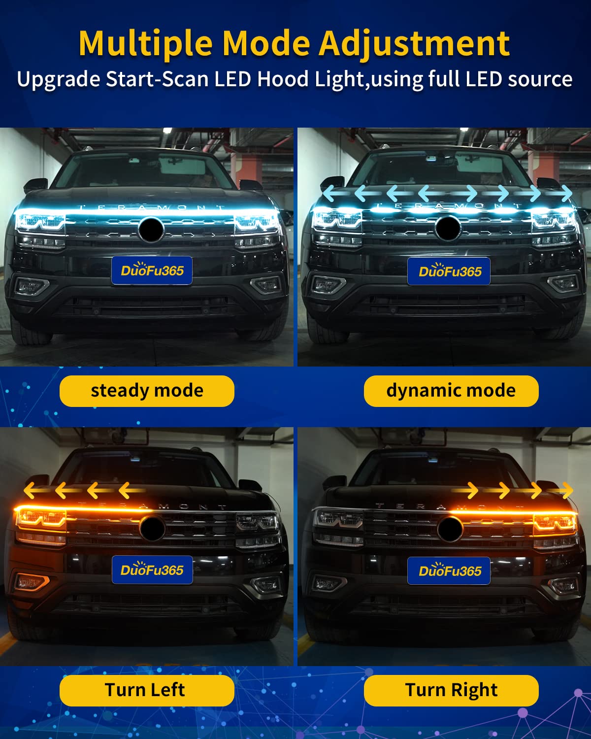 Exterior Car Led Hood Light Strip,Dual Color Dynamic Scan Start Up Hoodbeam Kit,Led Daytime Running Lights Ice Blue&Amber Switch