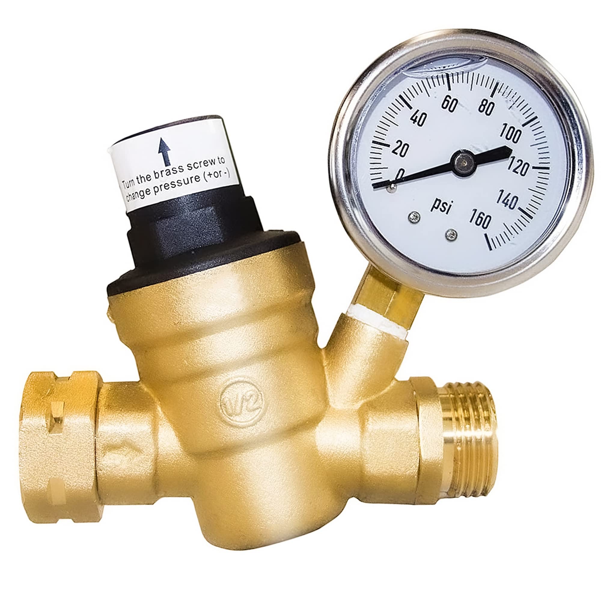 Hourleey Water Pressure Regulator Valve, Rv Brass With Gauge And Inlet Screened Filter For Camper Trailer