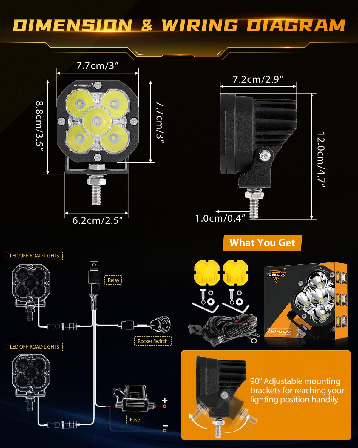 Auxbeam 3'' 80W Cube Led Pods With Amber Covers, Xp-Ultra Series Spot Flood Combo Beam Ditch Lights, 9600Lm Yellow Offroad Fog L