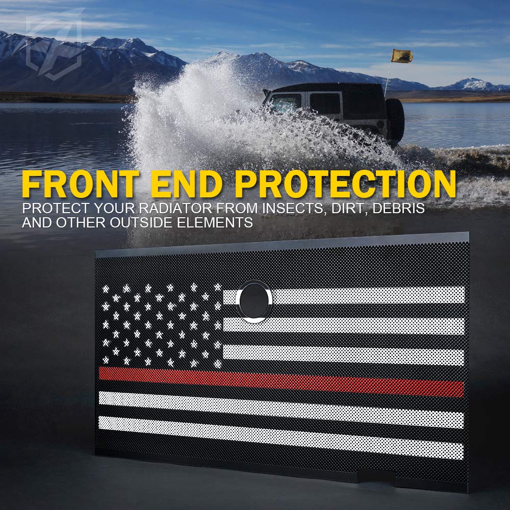 Xprite Aluminum Alloy Mesh Grill Insert With Hood Lock Hole & Firefighter Red Stripe, Compatible With 2007-2018 Jeep Wrangler Jk
