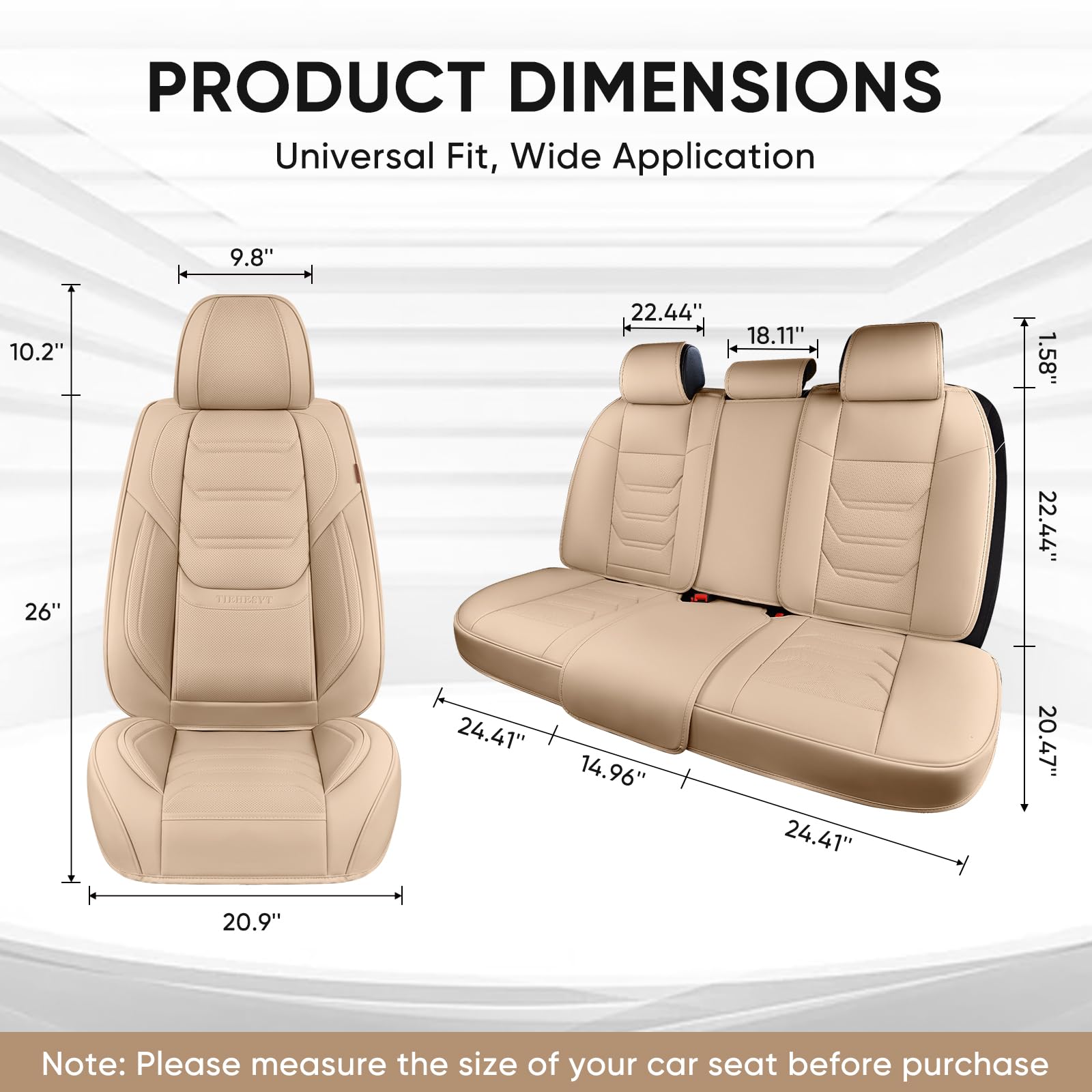 Tiehesyt Beige Car Seat Covers Full Set, Breathable Leather Automotive Front And Rear Seat Covers & Headrest, Automotive Seat Co