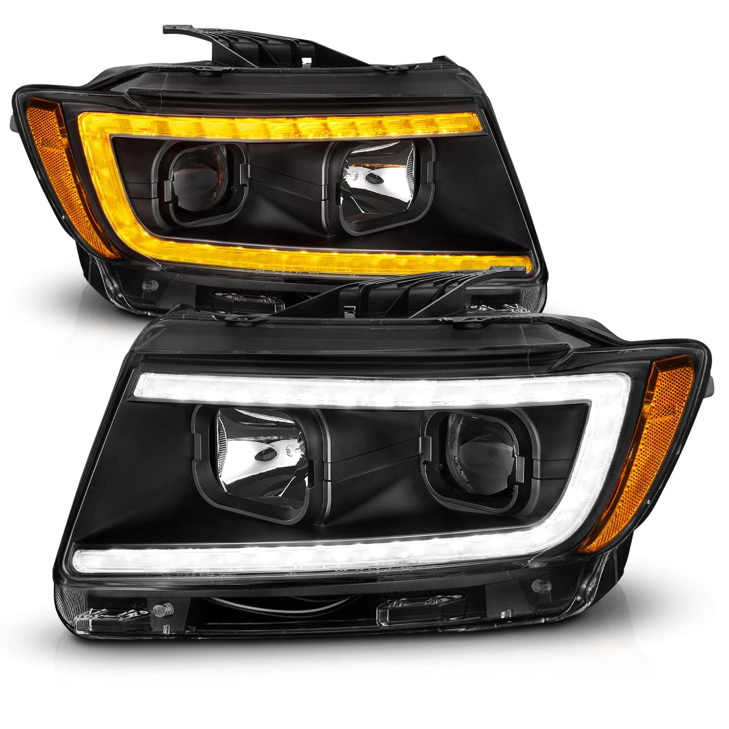 AmeriLite C-Type LED Switchback Projector Headlight Assembly Pair for 2011-2013 Jeep Grand Cherokee WK2 - Black