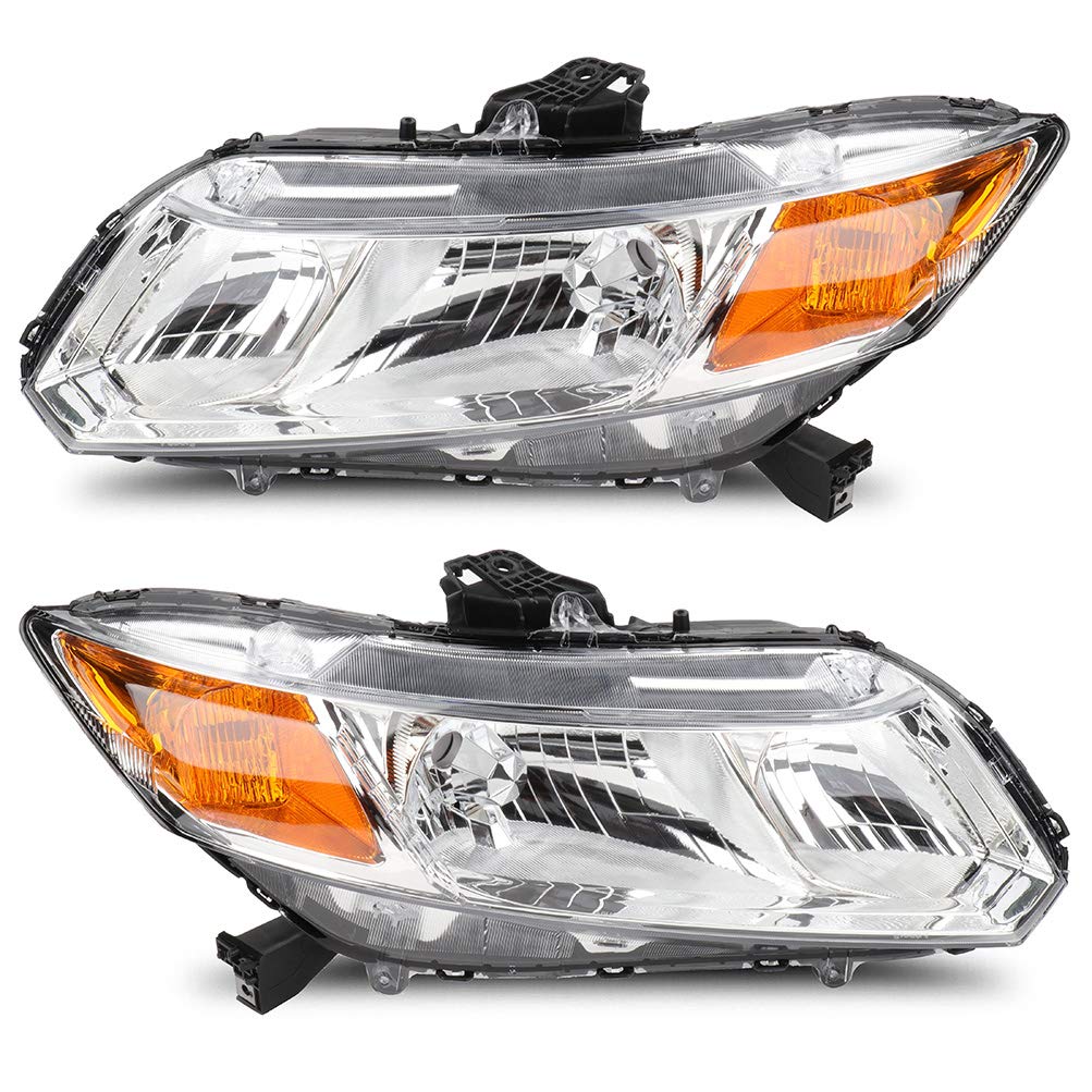 Headlight Assembly Fit For Honda Civic 2012-2015 Chrome Housing Amber Reflector Clear Lens Driver and Passenger Side HO2502150 H