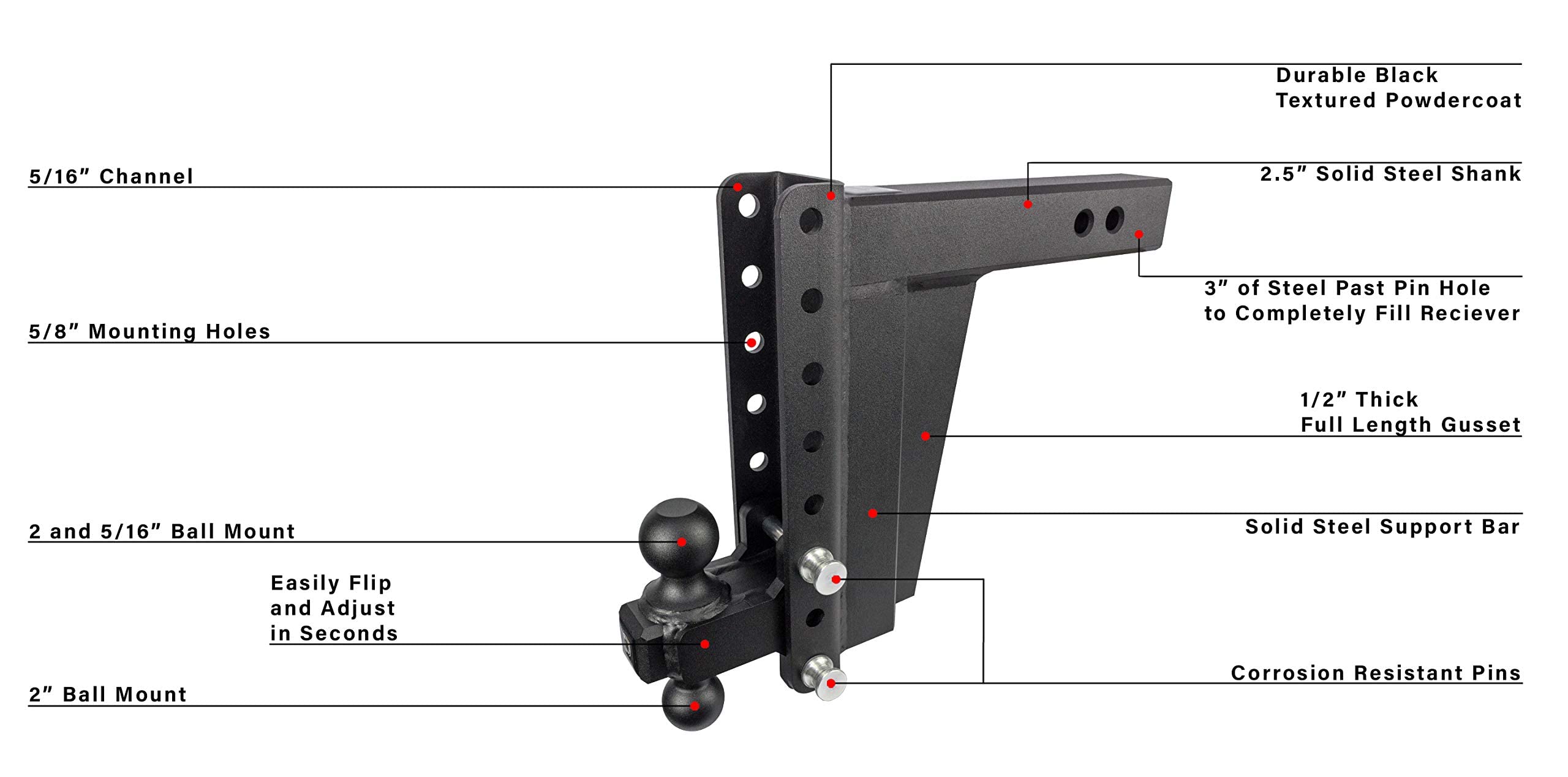 Bulletproof Hitches 2.5'' Adjustable Extreme Duty (36,000Lb Rating) 10'' Drop/Rise Trailer Hitch With 2'' And 2 5/16'' Dual Ball