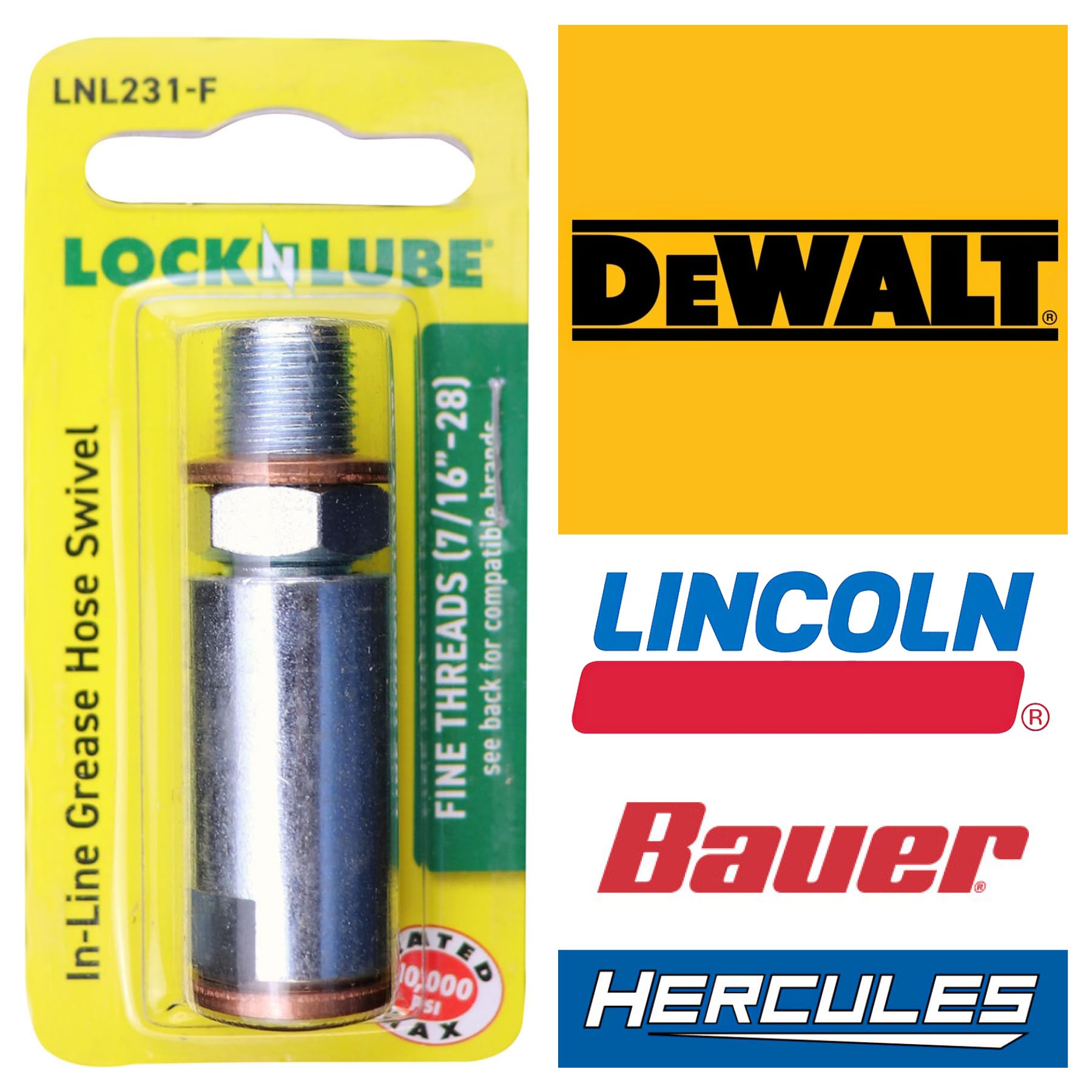 LockNLube Grease Gun Hose Swivel - Fine Threads (7/16   -28) For Dewalt And Lincoln battery grease guns
