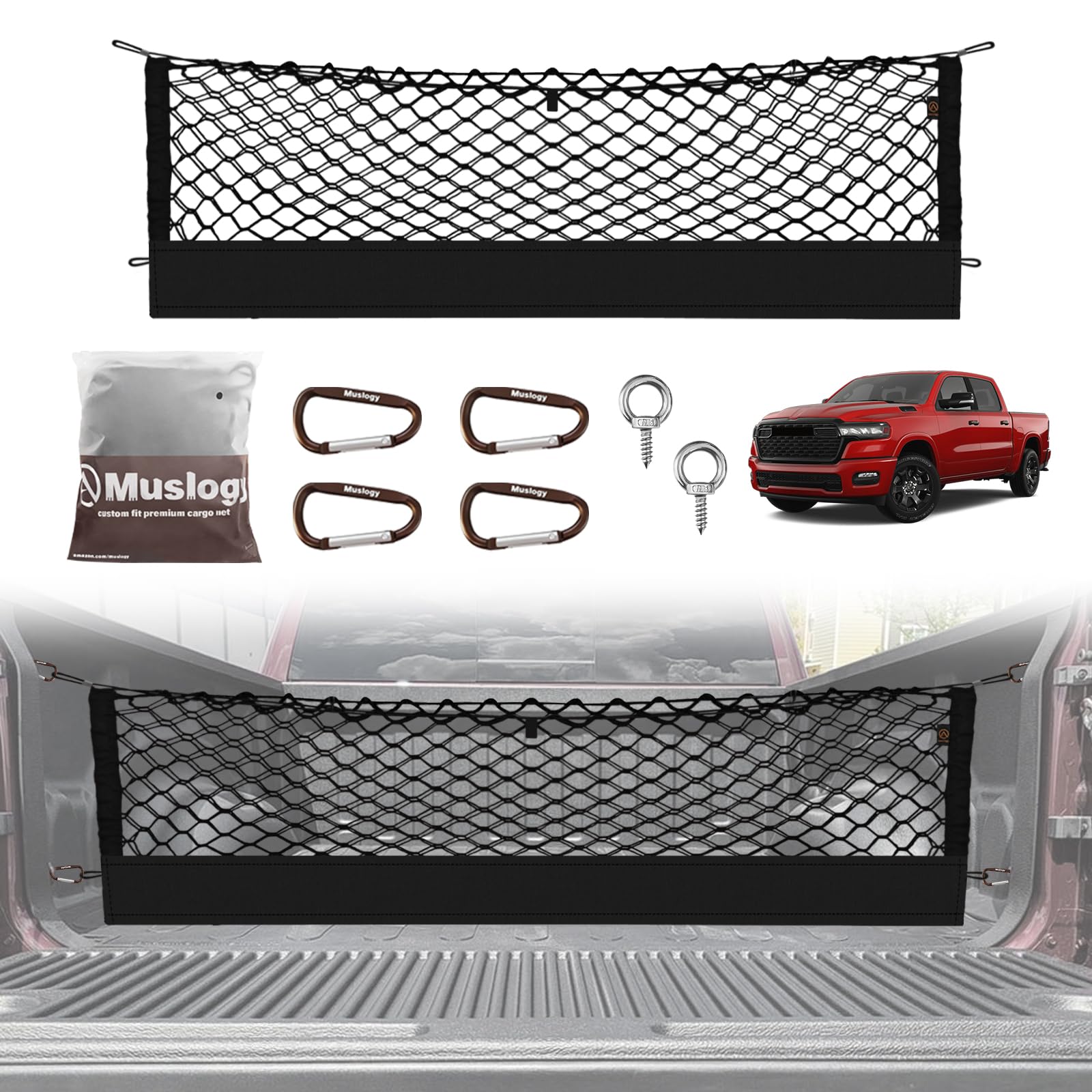 Muslogy Truck Bed Cargo Net Compatible With Dodge Ram 1500 2019-2025 Accessories Storage Organizer Pickup Truck Bed Envelope Sty