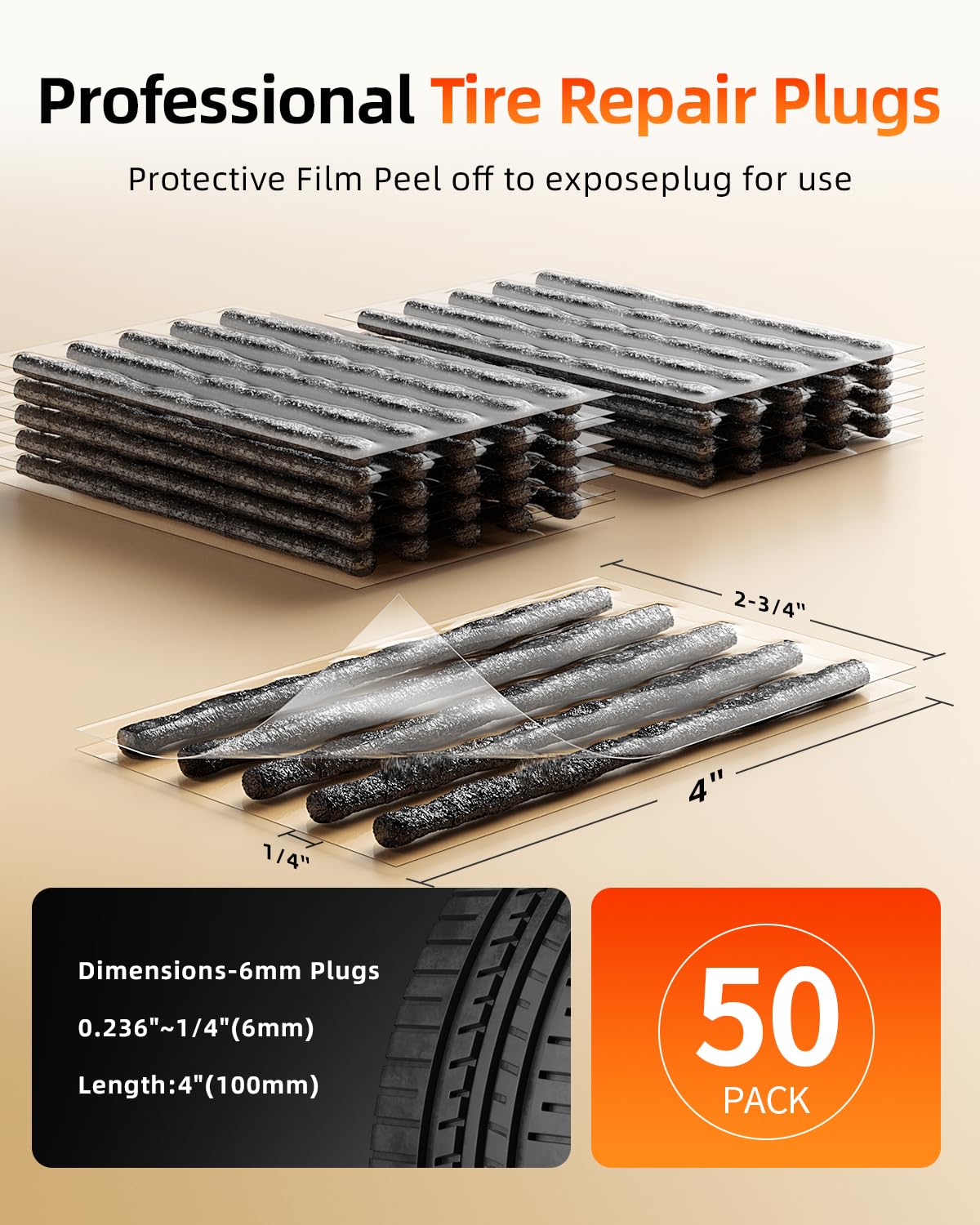 Autown Tire Plugs Heavy Duty (4 '', 50 Pack) - 1/4 '' (6Mm) Tubeless Tire Plugs For Car, Atv/Utv, Professional Tire Repair Plugs