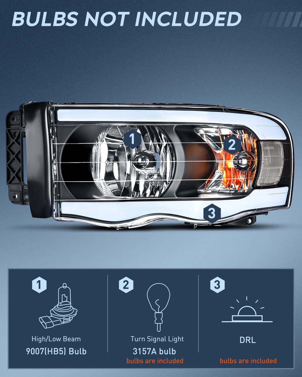 Nilight Headlights Assembly Led Drl For 2002-2005 Dodge Ram 1500/03 04 05 Dodge Ram 2500 3500 Headlamp,Black Housing+ Clear Refl