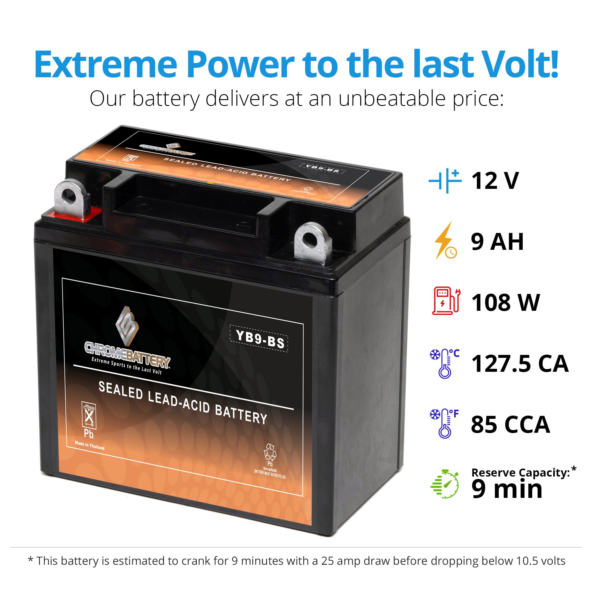 Cb Chromebattery Yb9-Bs Maintenance-Free 12V 9Ah Battery Replacement For Atv, Motorcycle, Jet Skis, Scooter, Utv, And More - Nut