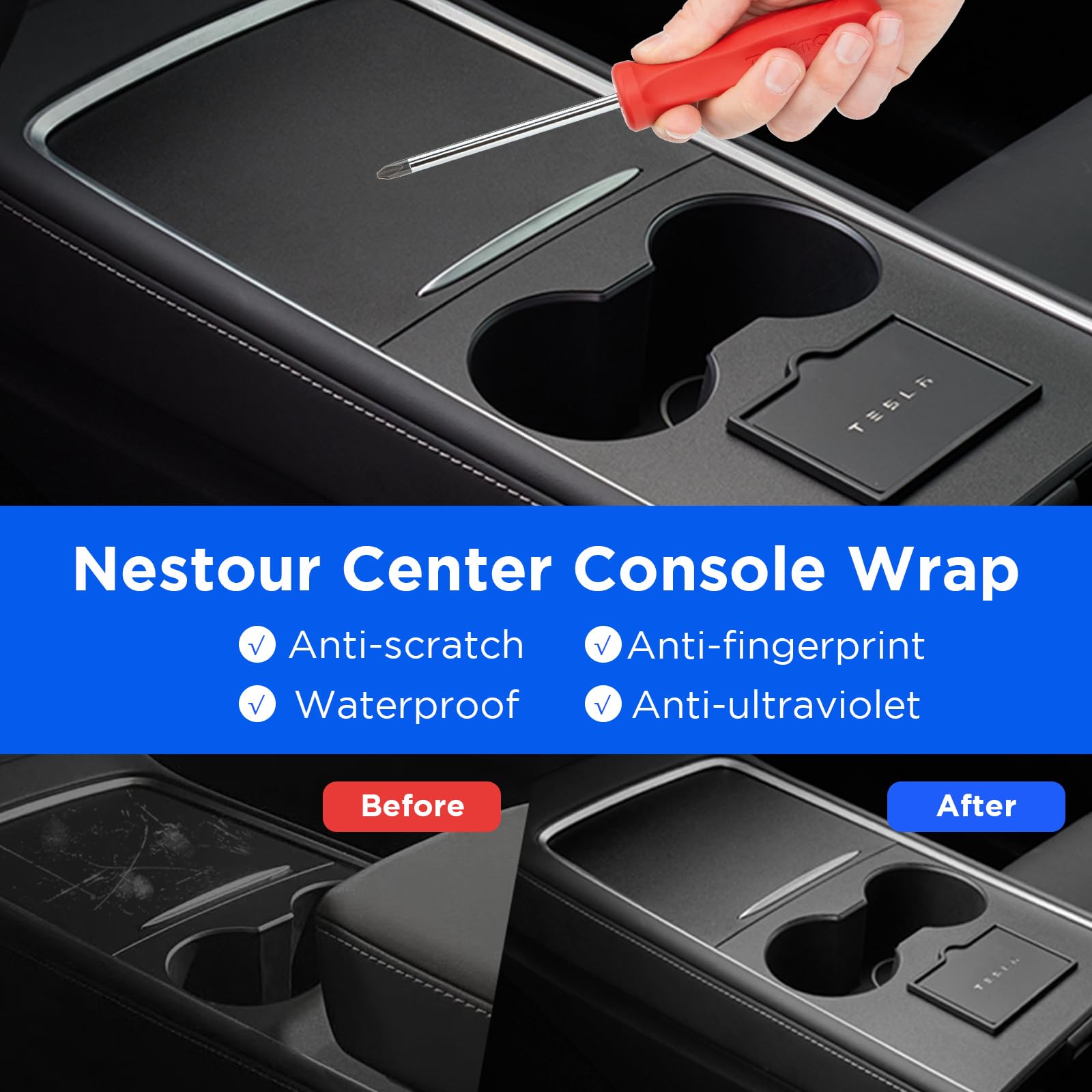 Nestour 2021 2022 2023 Tesla Model 3 Model Y Center Console Wrap Cover Kit, Ultra Slim, Non-Trace Center Console Protector Acces