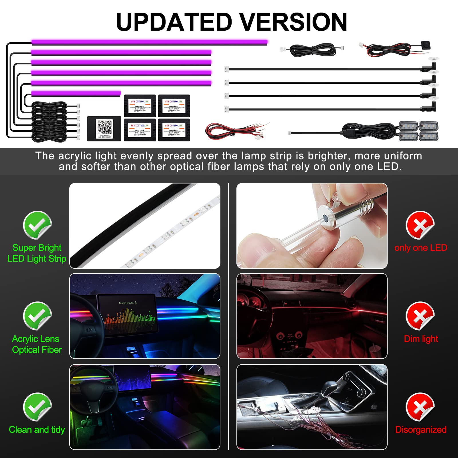 Acrylic Interior Car Led Strip Light With Wireless App, Rgb 14 In 1 With 175 Inches 593 Leds Fiber Optic Ambient Lighting Kits,