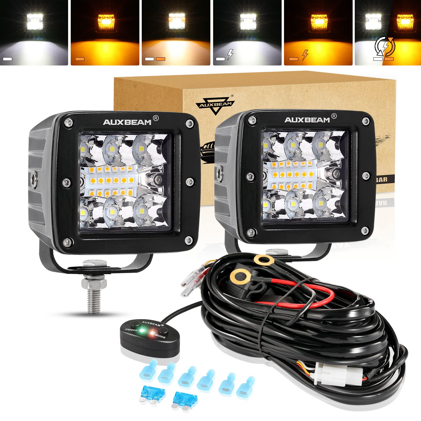 Auxbeam 3 Inch 72W Led Cube Light Bar Amber/White Work Led Pod Lights Off-Road Driving Lights For Truck Suv Boat 4X4 Jeep Wrangl
