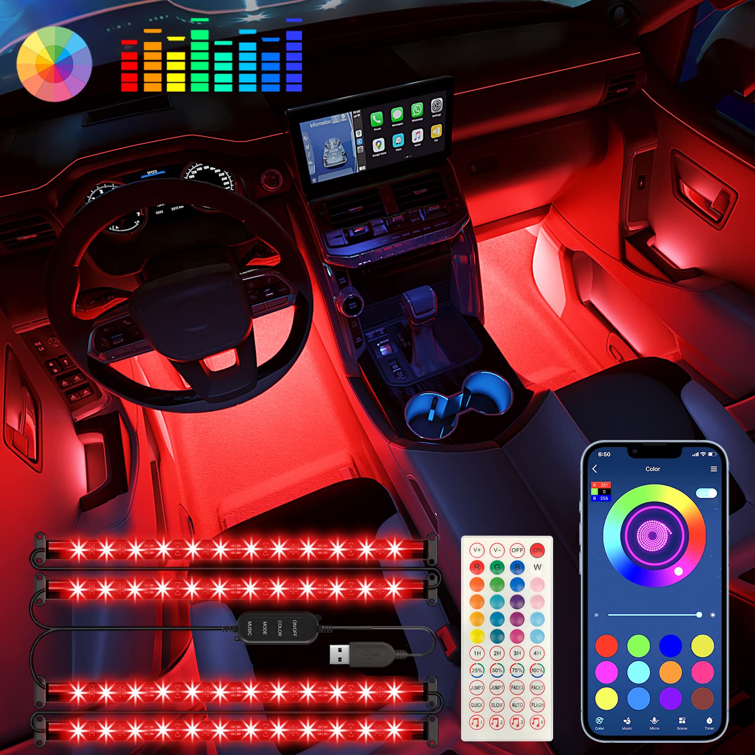 Keepsmile Interior Car Lights Accessories App Control With Remote Music Sync Color Change Rgb Under Dash Car Lighting With Usb C
