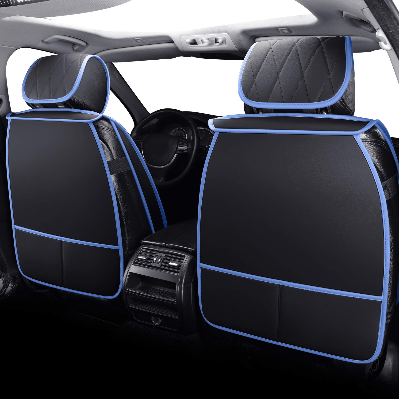Aierxuan Front Seat Covers For Cars, Waterproof Leather For Nissan Chevy Malibu Kia Soul Sorento Hyundai Elantra Tucson Accent Sonata Kona Outlander Galant (2 Pcs Front, Black-Blue)