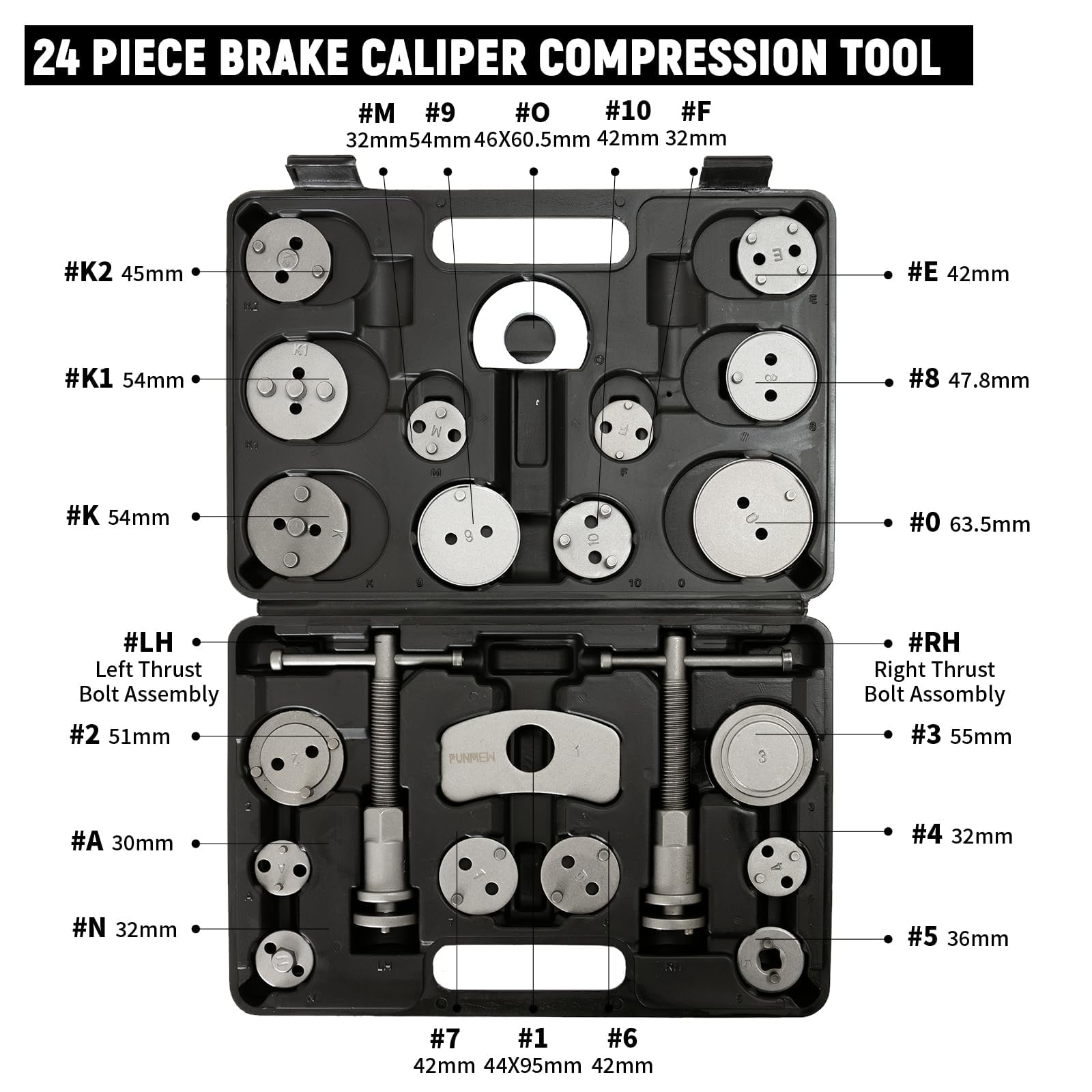 Punmew Brake Caliper Compression Tool 24-Piece Disc Brake Caliper Tool Set Caliper Piston Compressor Tool Fits Most American, Eu