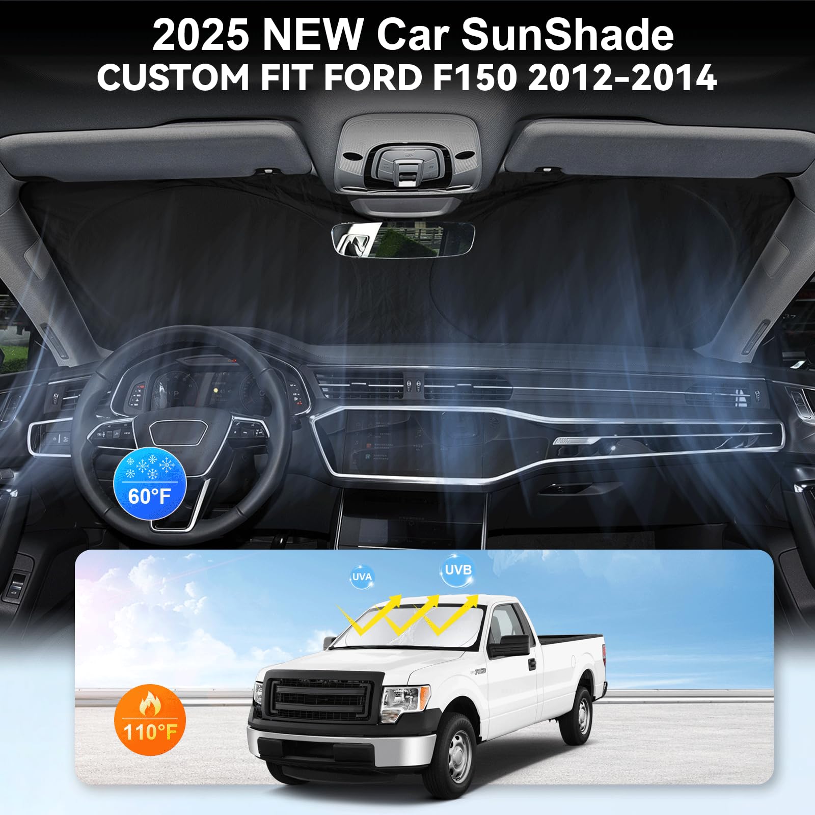 Sunshade For F150 Windshield Sun Shade Custom-Fit For 2012 2013 2014 Ford F150 F-150 Lariat, King Ranch, Platinum, Xl Xlt Limite
