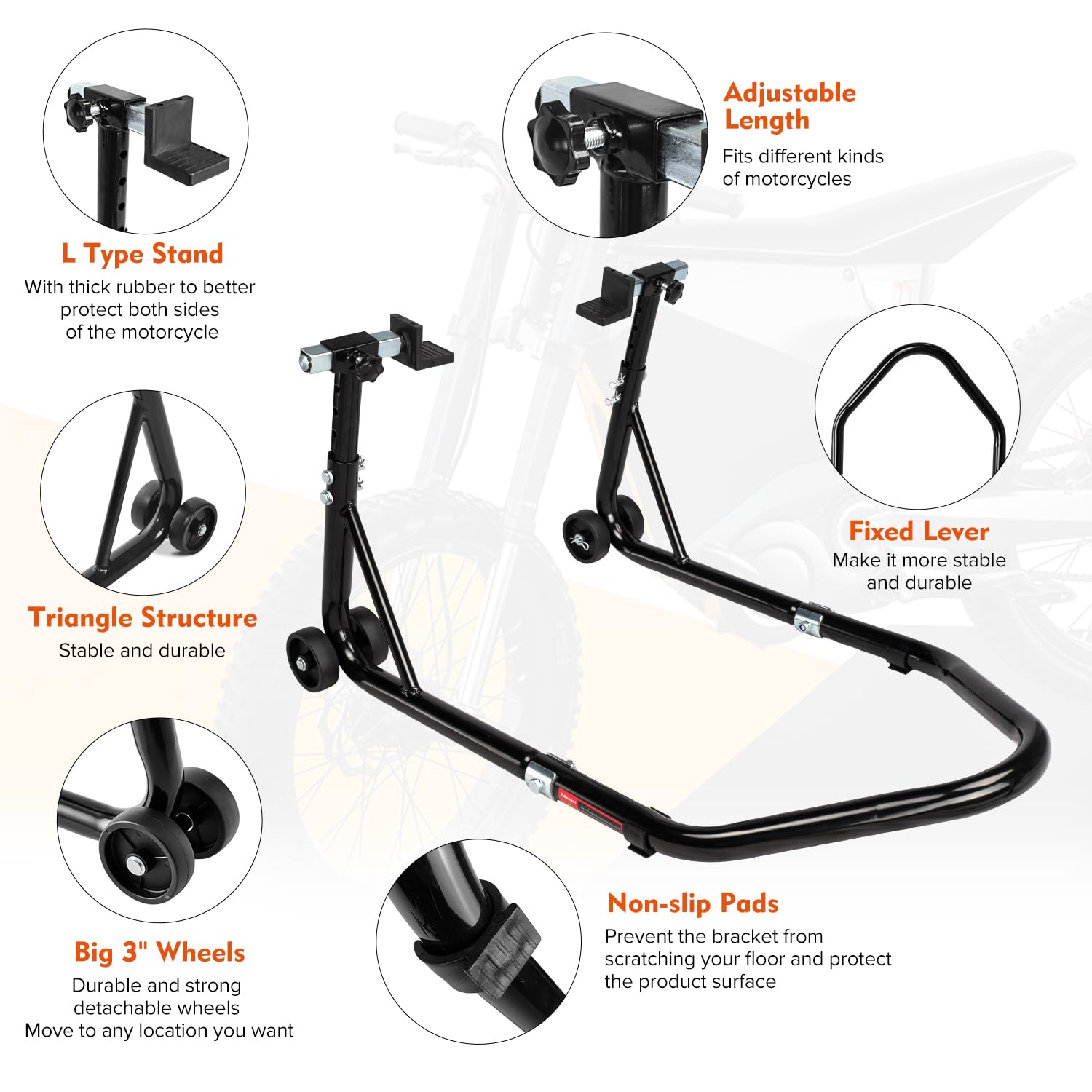 Donext Motorcycle Stand 850Lb Adjustable Sport Bike Rear Wheel Lift Swingarm Paddock Stands Black, 5 Adjustable Heights, L