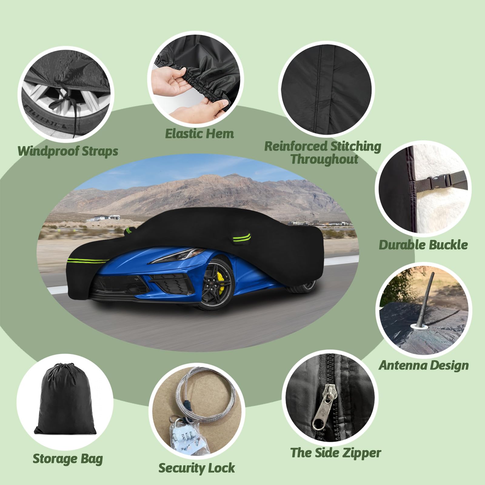 Beterny Car Cover For 2020-2025 Chevy Corvette C8, 6 Layers Waterproof All Weather Protection Heavy Duty Car Cover With Windproo
