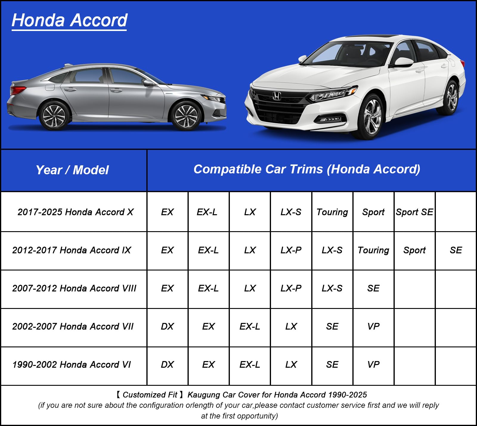 Kaugung Car Cover Waterproof Custom Fit Honda Accord (1990-2025), Full Exterior Cover For Automobiles Lightweight Resistant Outd