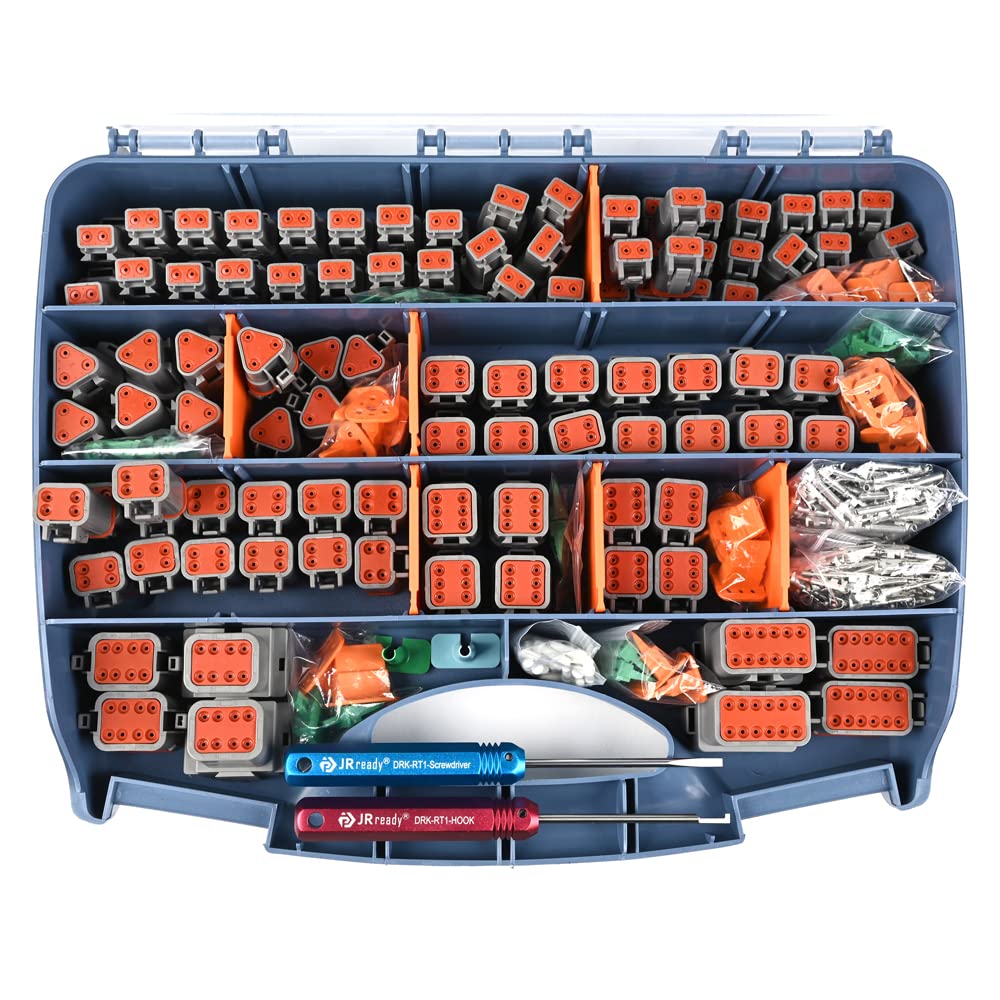 JRready 604PCS DT Deutsch Connector Kit, 2 3 4 6 8 12 Pin Gray DT Connectors, Size 16 Stamped Formed Contacts(14-18AWG)/ DT Conn