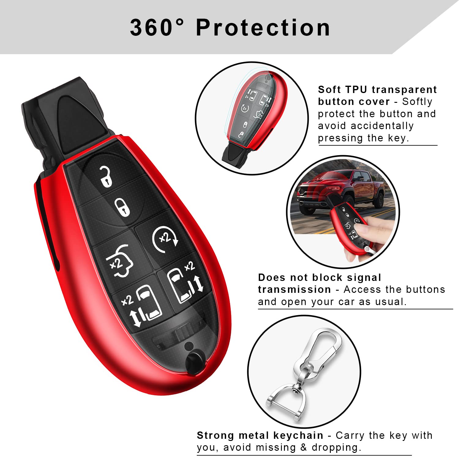 Qbuc For Dodge Key Fob Cover With Keychain Tpu Key Case Compatible With 2008-2018 Dodge Ram Jeep Chrysler Model Accessories (Red